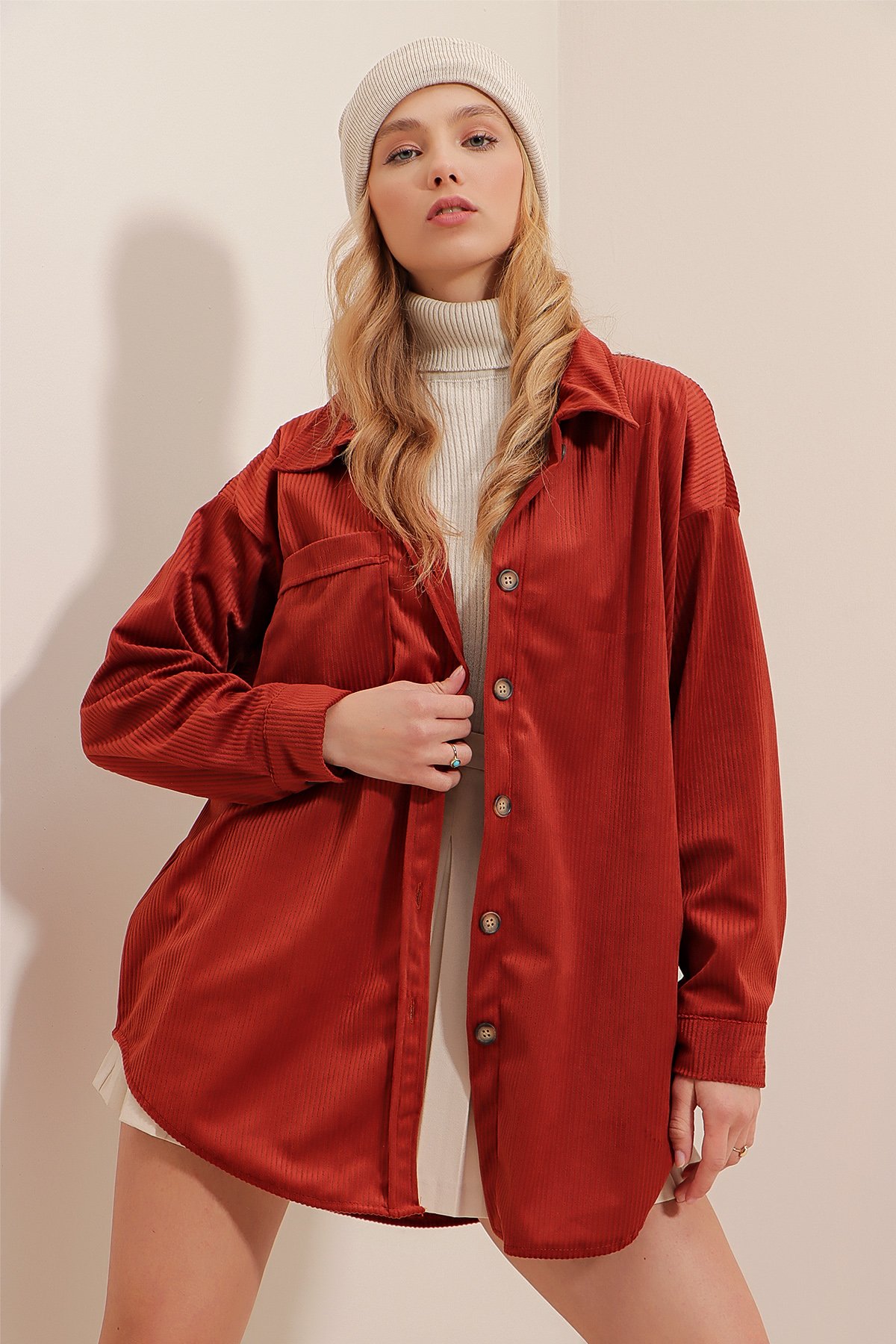 Kadife Pamuklu Tek Cepli Oversize Ceket Gömlek - Kiremit