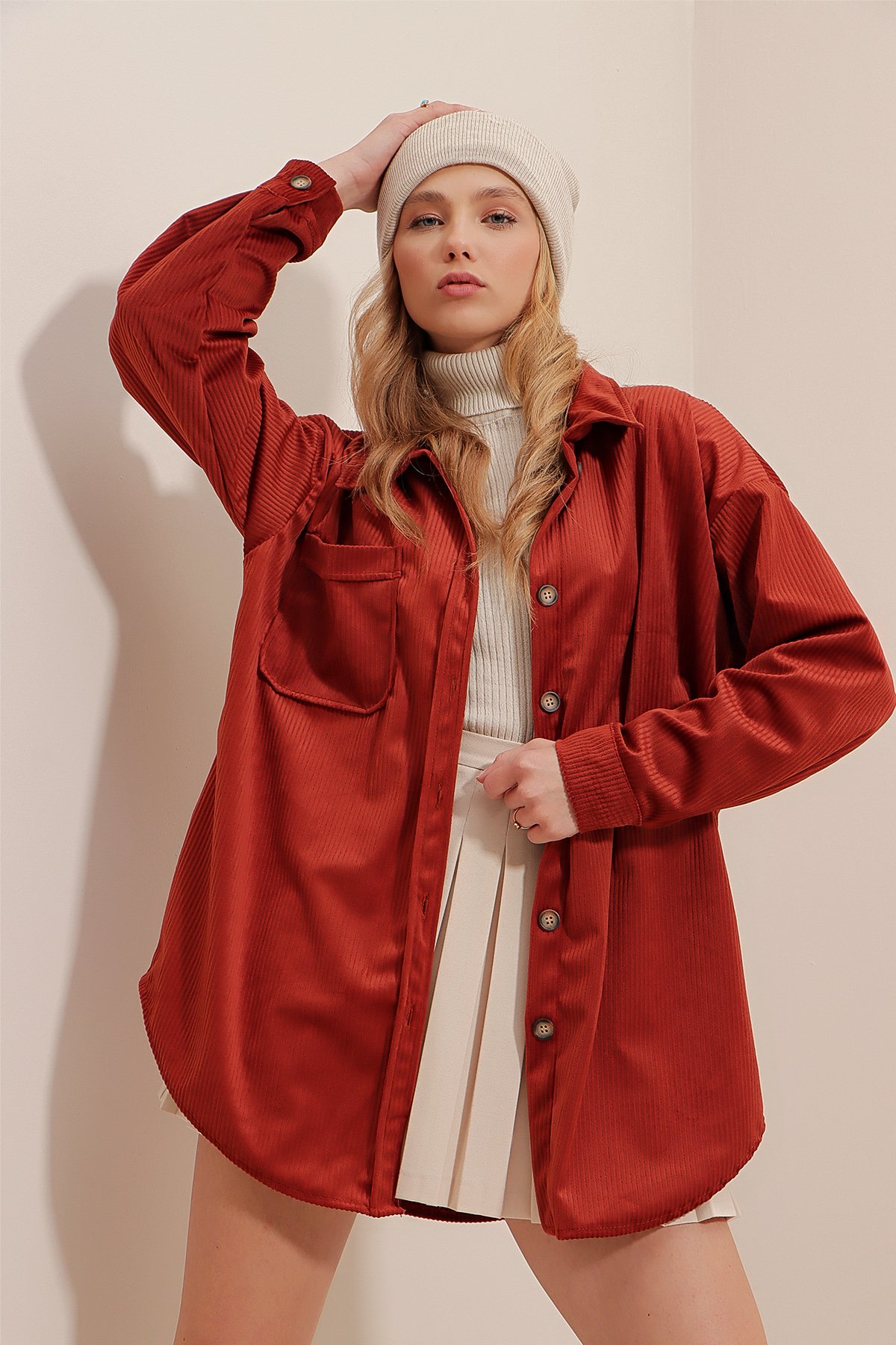 Kadife Pamuklu Tek Cepli Oversize Ceket Gömlek - Kiremit
