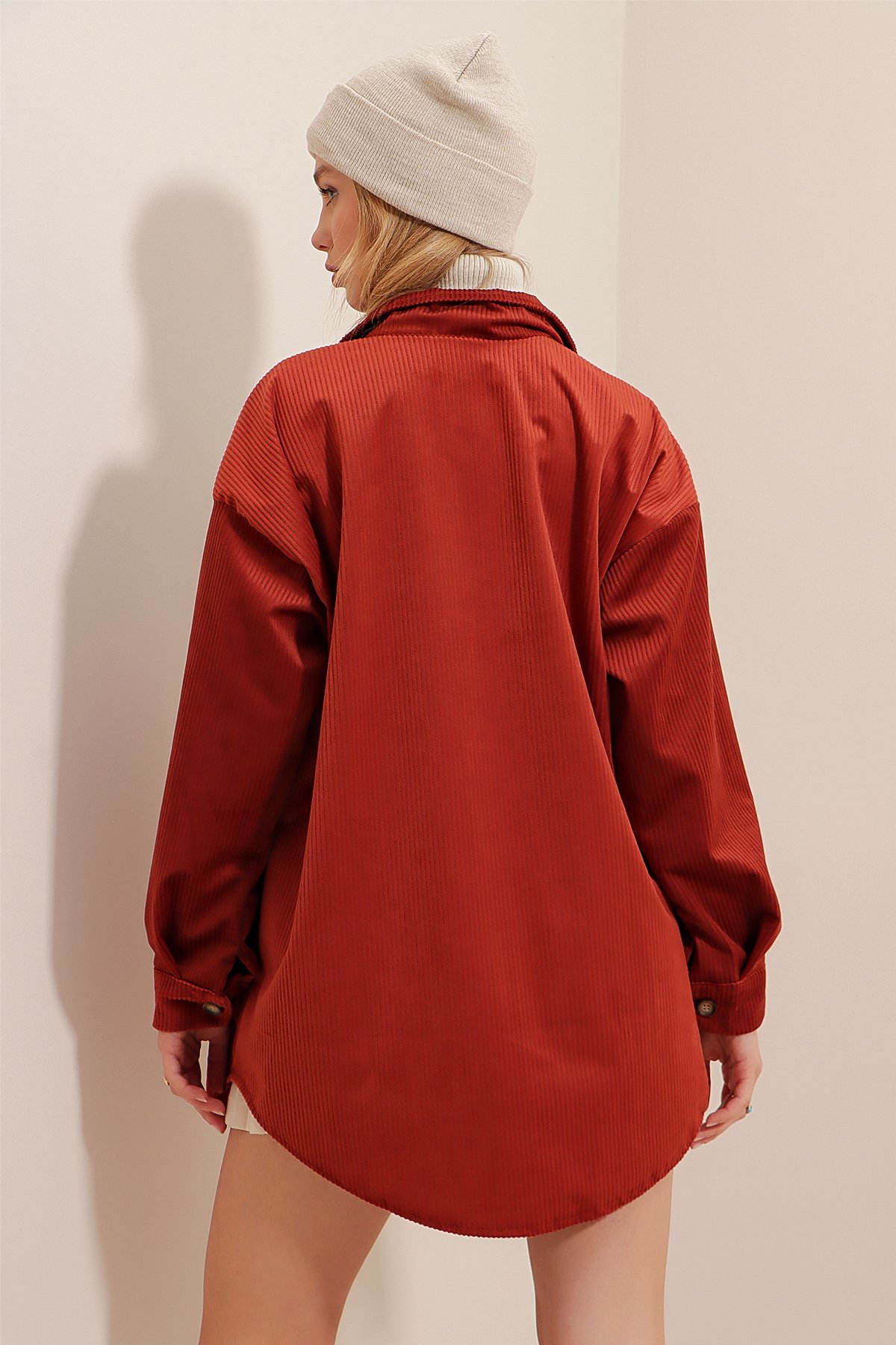 Kadife Pamuklu Tek Cepli Oversize Ceket Gömlek - Kiremit