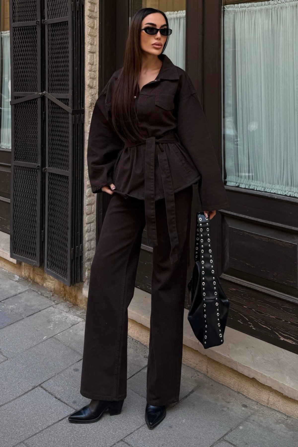 Kadın ACI KAHVE Bağlamalı Gömlke ve 5 Cepli Palazzo Pantolon Denim Takım VS01637