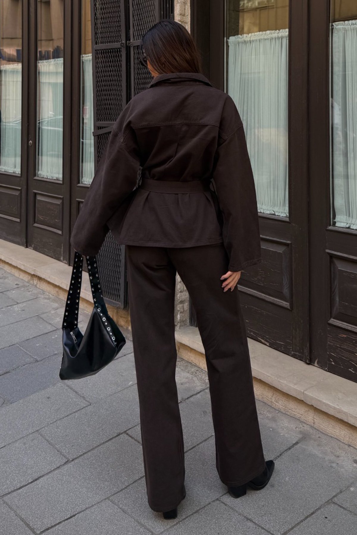 Kadın ACI KAHVE Bağlamalı Gömlke ve 5 Cepli Palazzo Pantolon Denim Takım VS01637