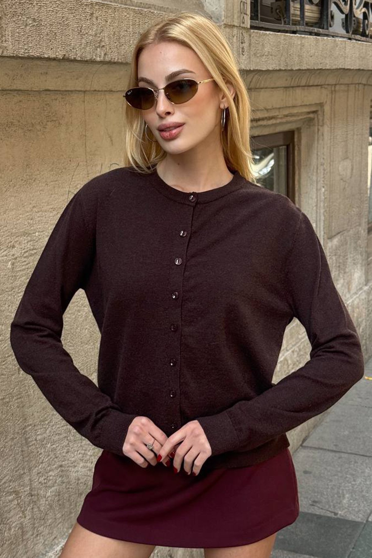 Kadın ACI KAHVE Bisiklet Yaka Düğmeli Triko Hırka VS01640