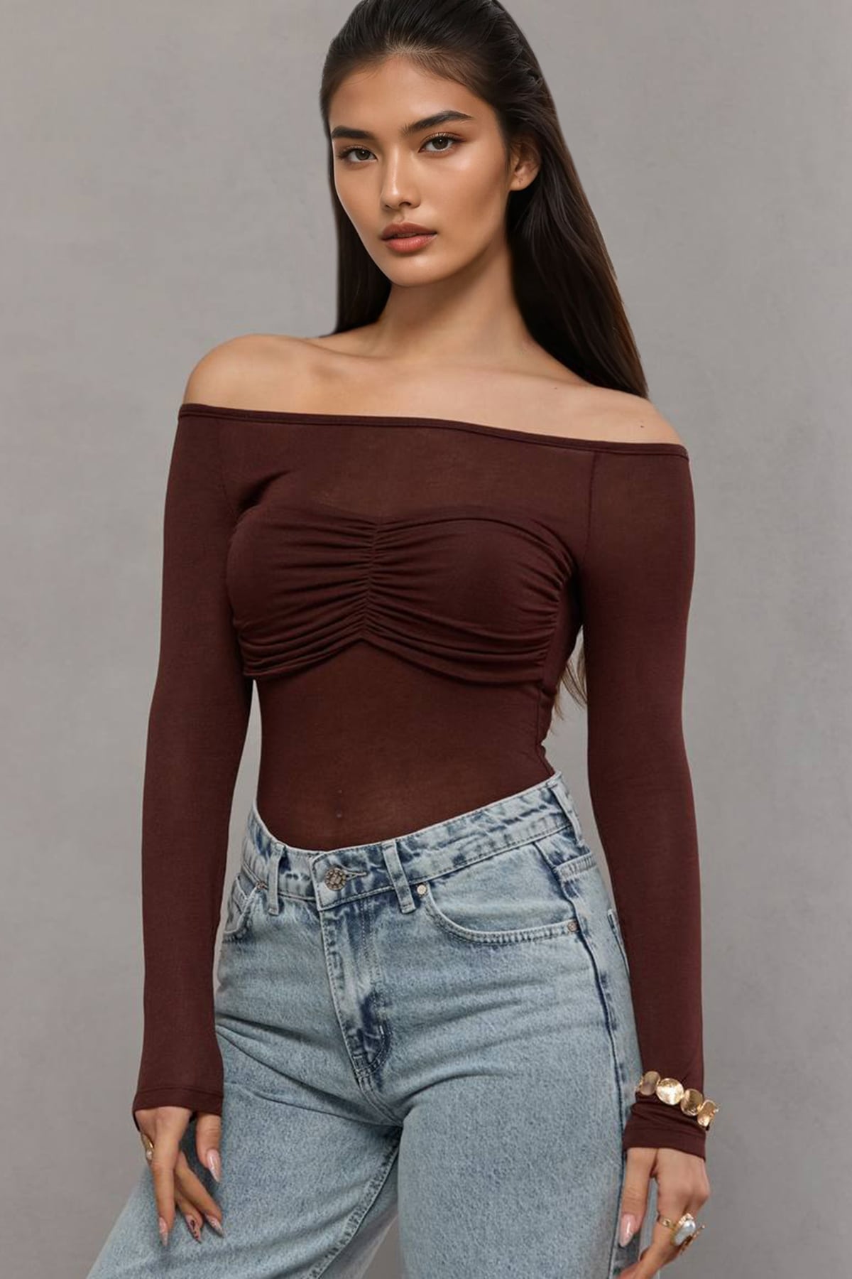Kadın Acı Kahve Kayık Yaka Drape Detaylı Transparan  Bluz Alc-X14882