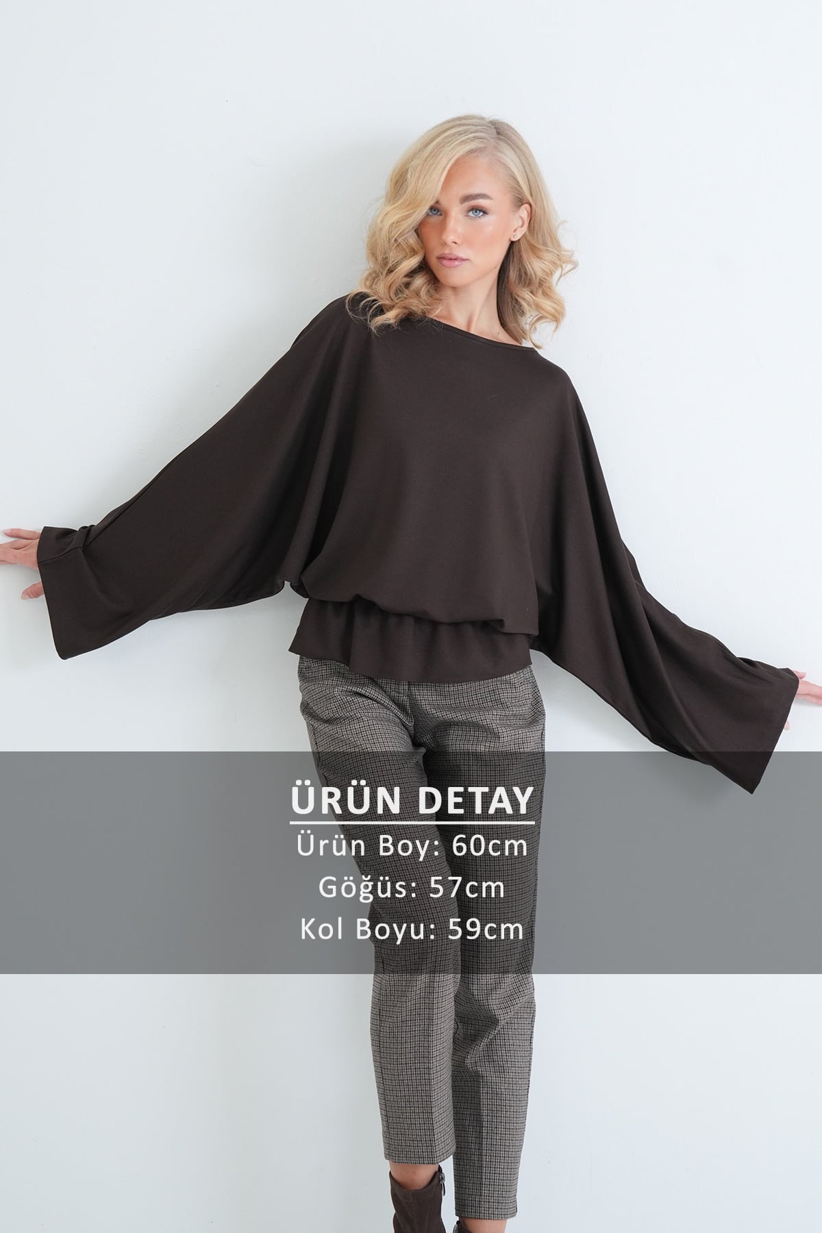 Kadın Acı Kahve Kayık Yaka Yarasa Kol Belden Lastikli Bluz Alc-X15913