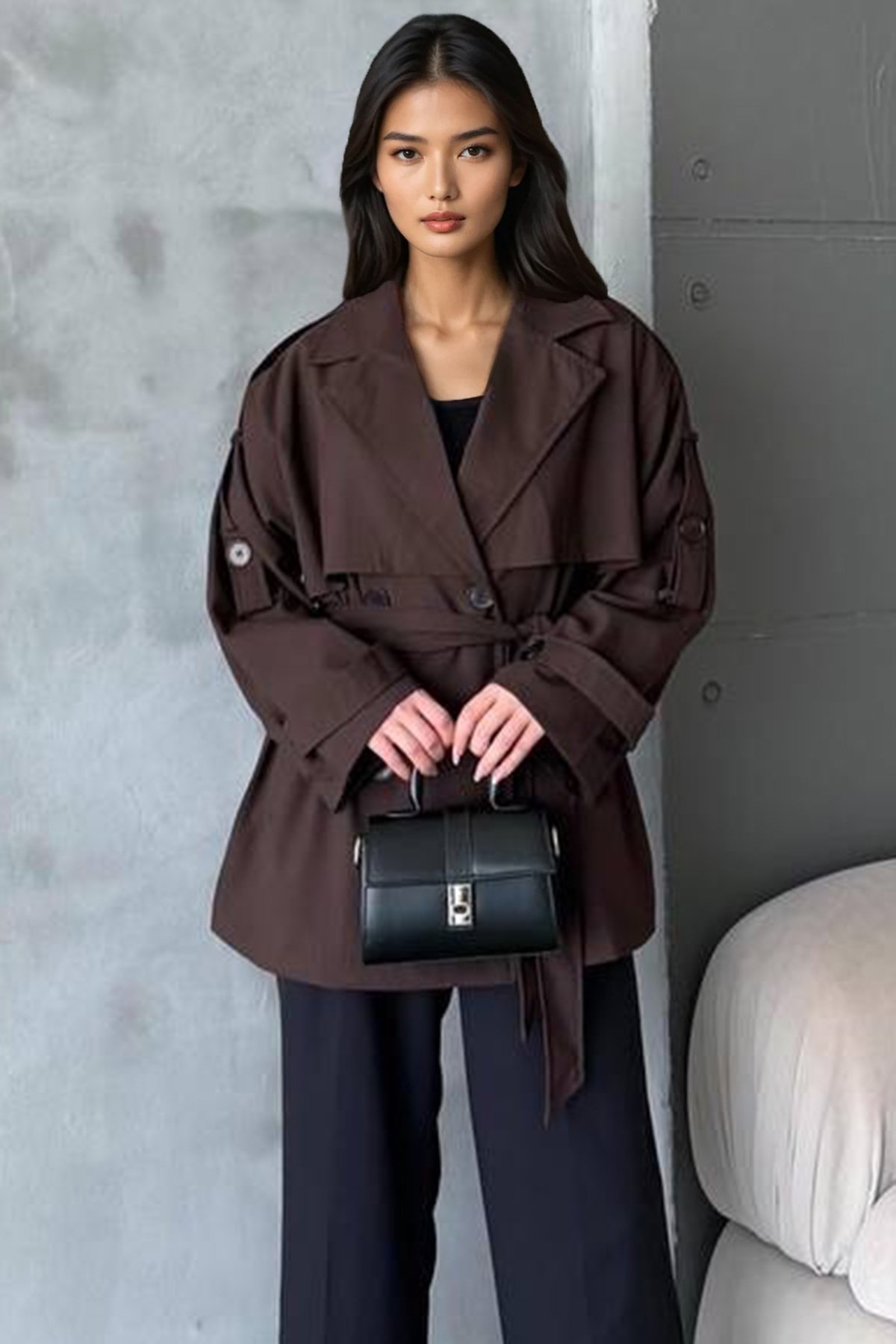 Kadın Acı Kahve Kuşaklı Çift Cepli Astarlı Kısatrençkot Alc-X14884