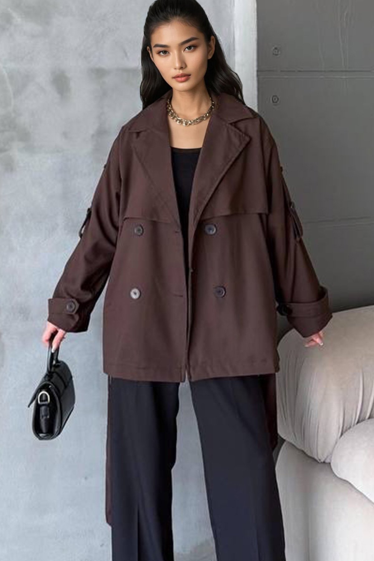 Kadın Acı Kahve Kuşaklı Çift Cepli Astarlı Kısatrençkot Alc-X14884