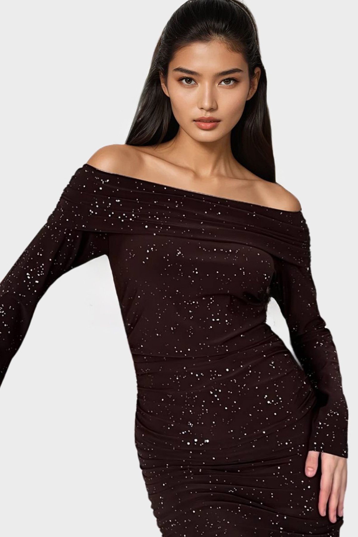 Kadın Acı Kahve Madonna Yaka Simli Mini Elbise Alc-X14829