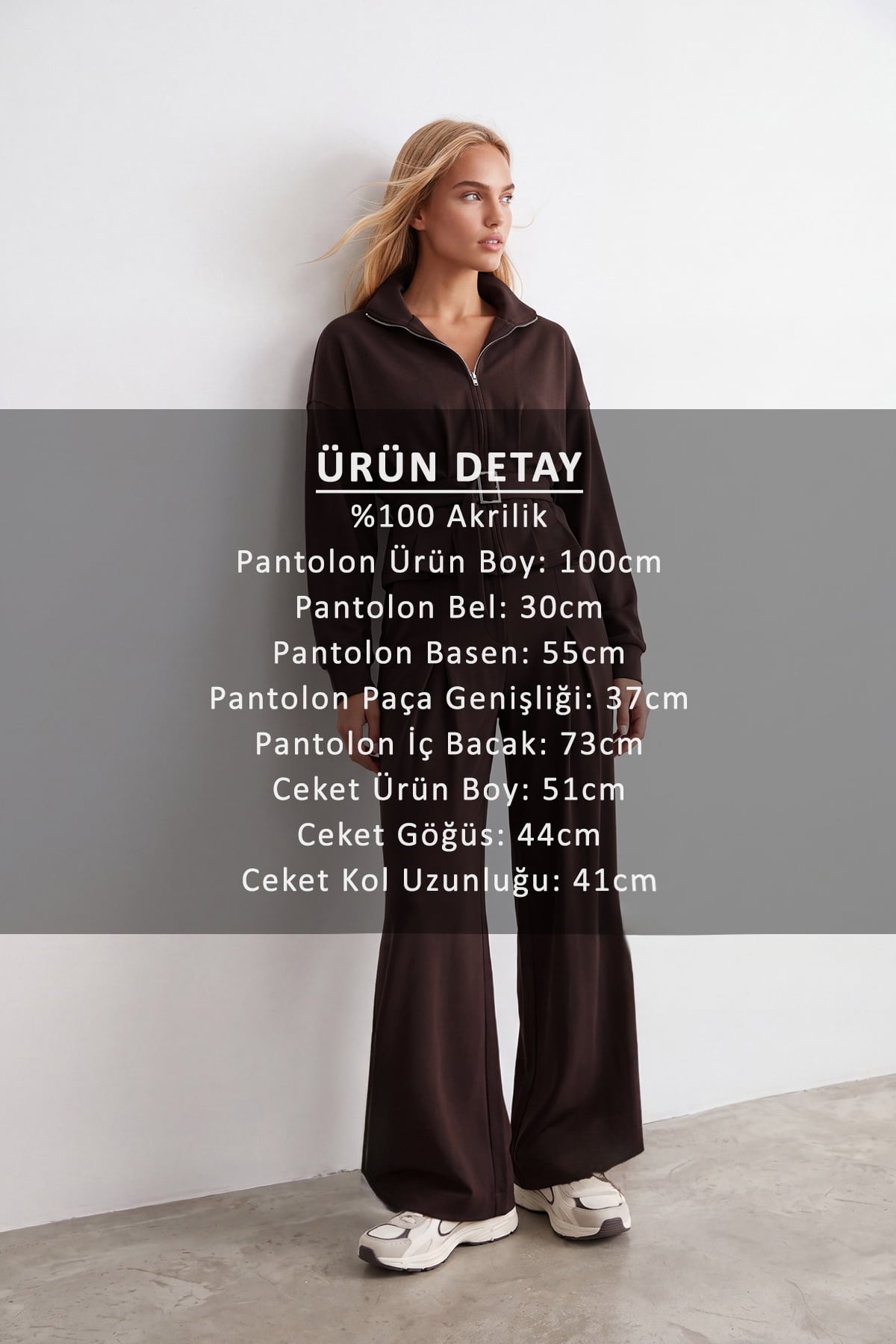 Kadın ACI KAHVE Pile Detaylı Fermuarlı Bluz Ve Bol Paça Pantolon Modal Takım ALC-X15733