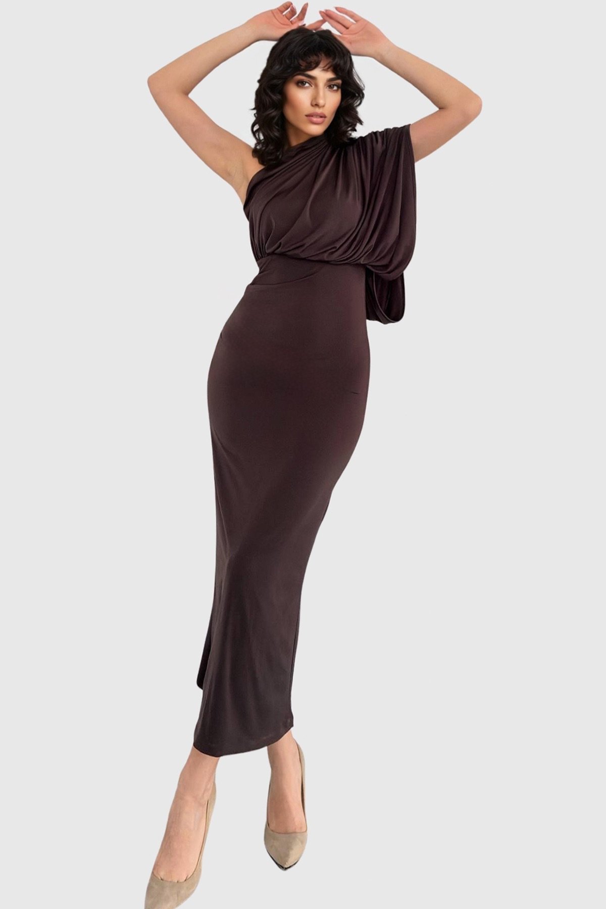 Kadın Acı Kahve Tek Omuz Drape Detaylı Maxi Boy Elbise Alc-X14962