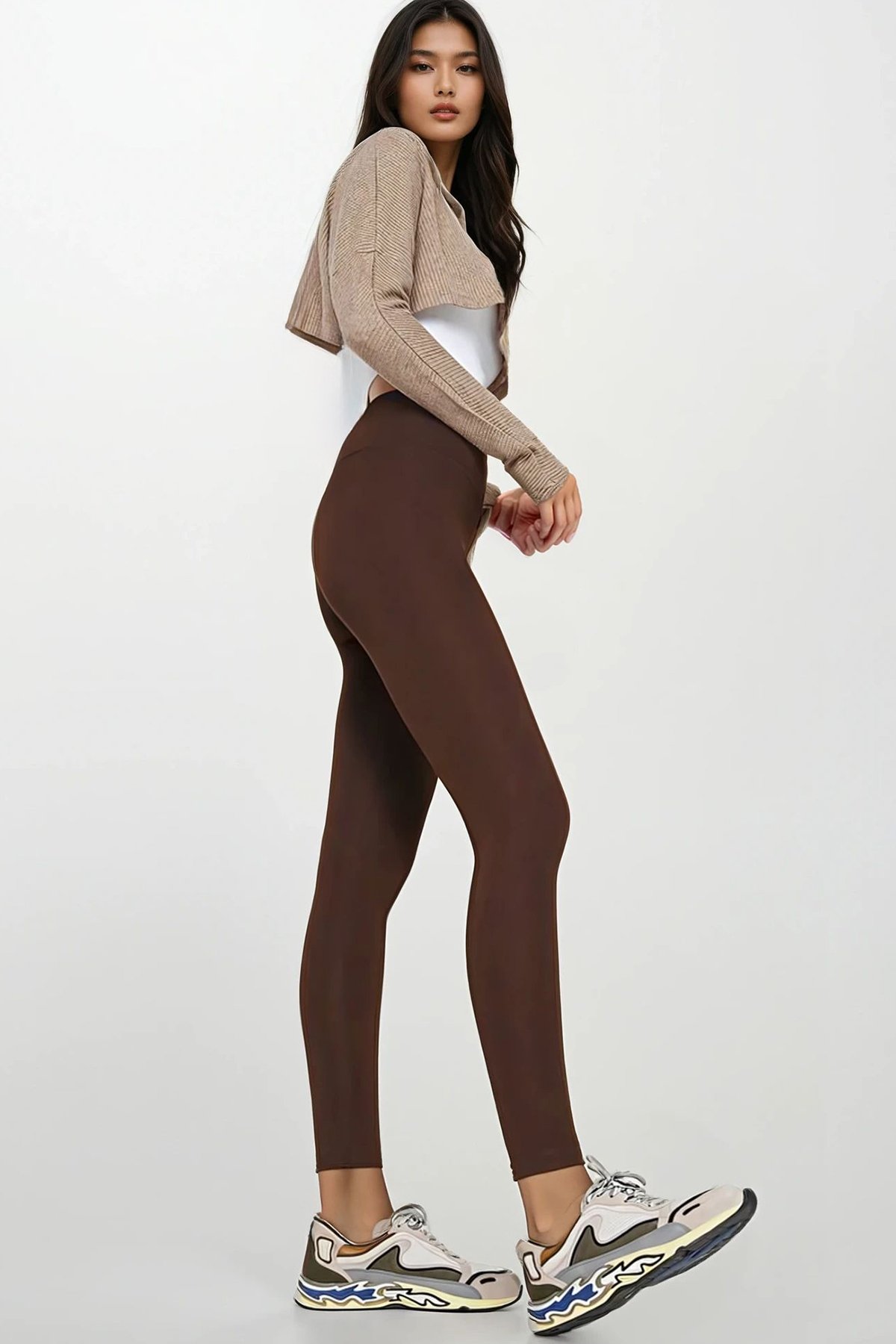 Kadın Acı Kahve Yüksek Bel Geniş Kemerli İçi Şardonlu Tayt Alc-X14832