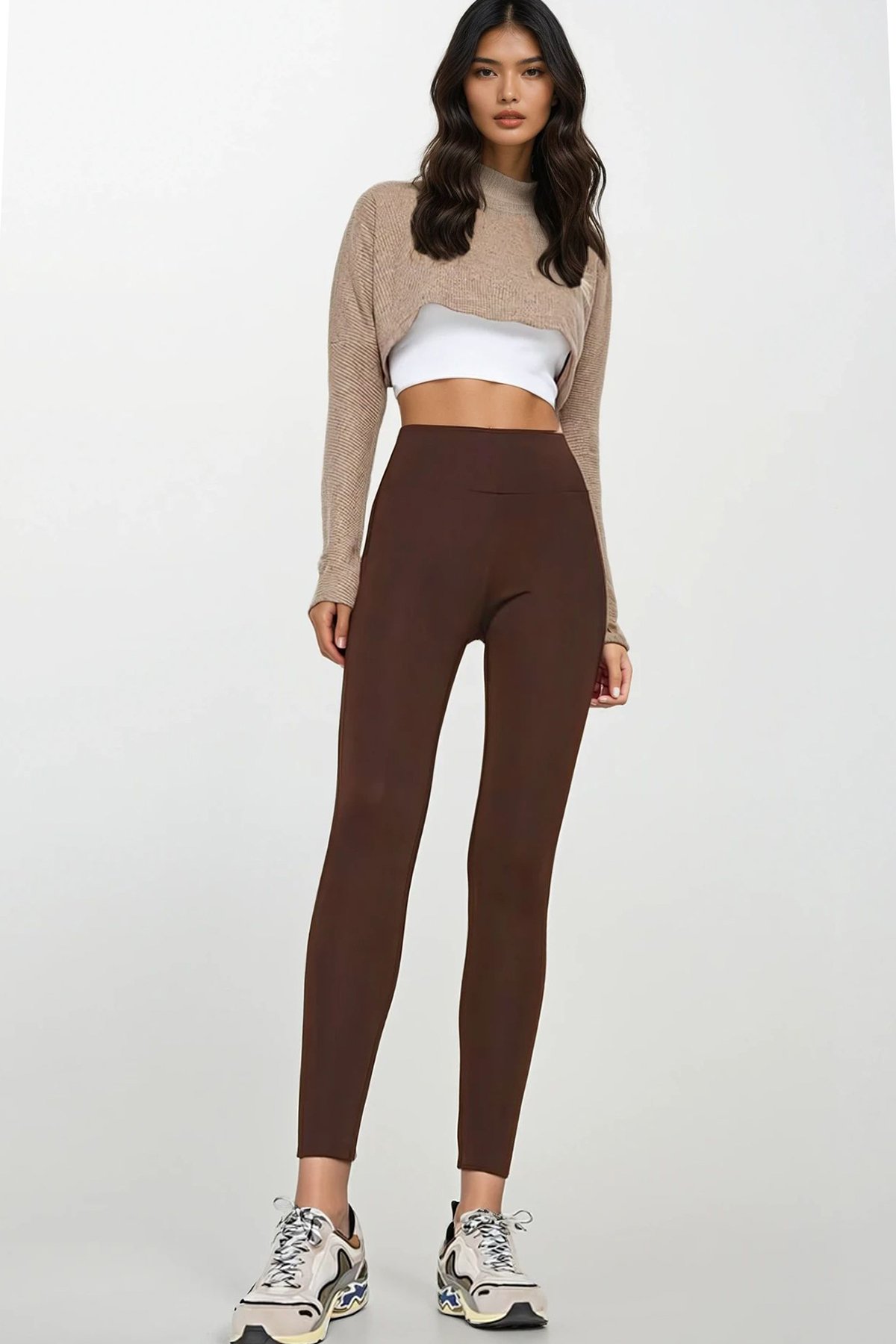 Kadın Acı Kahve Yüksek Bel Geniş Kemerli İçi Şardonlu Tayt Alc-X14832