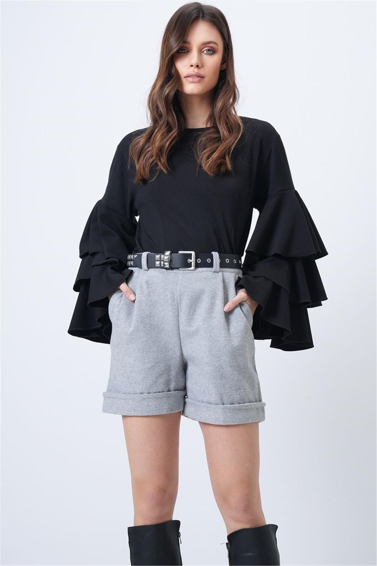 Kadın Açık Gri Duble Paça Çift Cepli Kışlık Kaşe Şort Alc-X13297