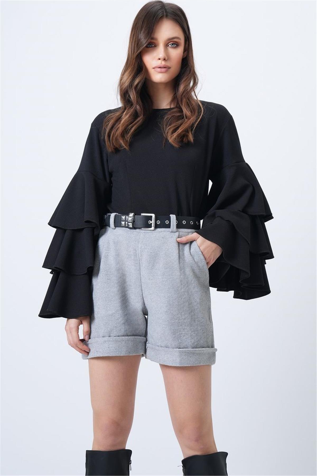 Kadın Açık Gri Duble Paça Çift Cepli Kışlık Kaşe Şort Alc-X13297