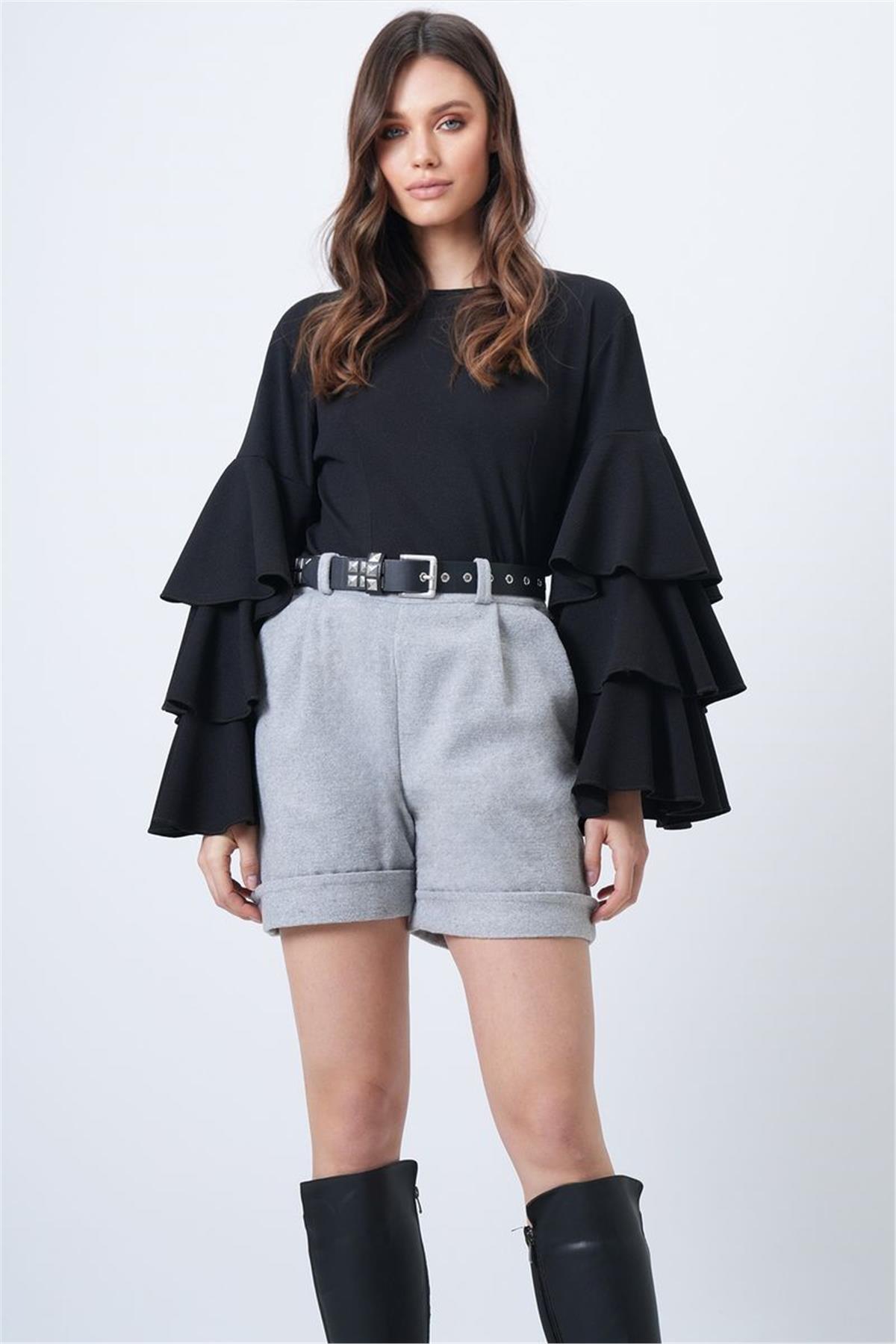 Kadın Açık Gri Duble Paça Çift Cepli Kışlık Kaşe Şort Alc-X13297