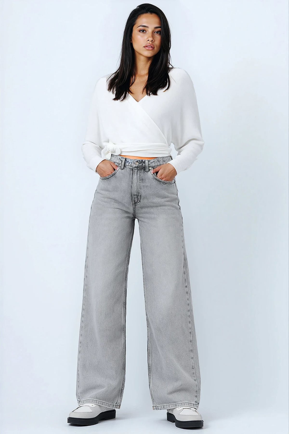 Kadın AÇIK GRİ Yüksek Bel 5 Cepli Baggy Jean VS01450