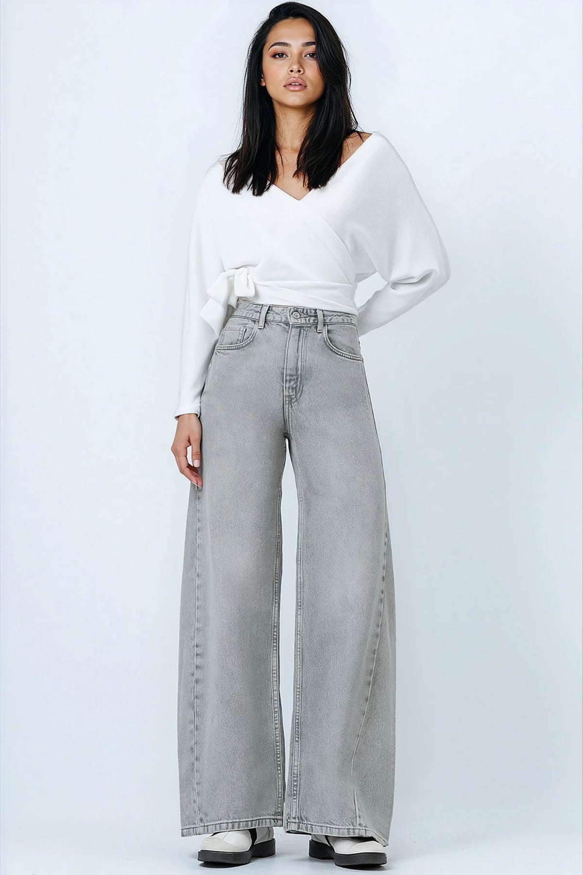 Kadın AÇIK GRİ Yüksek Bel 5 Cepli Baggy Jean VS01450