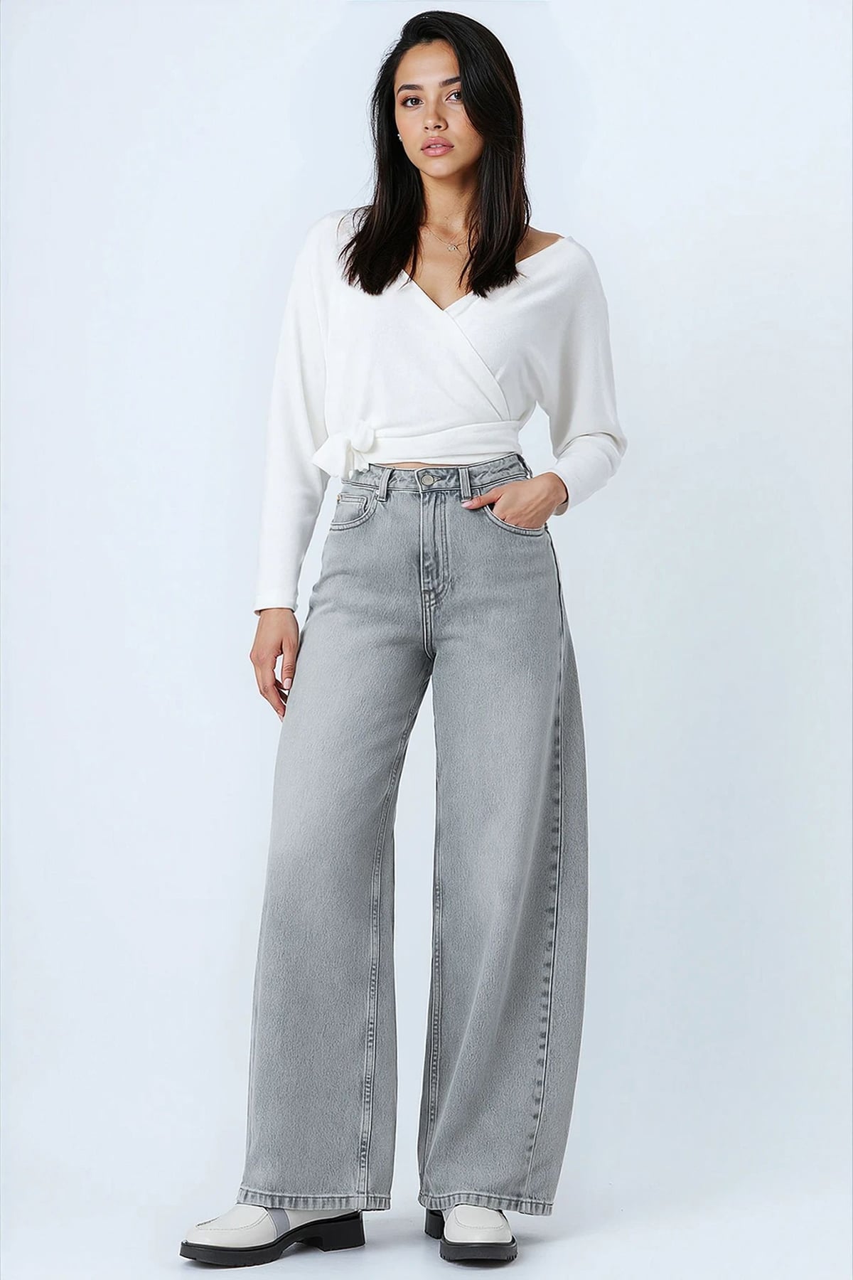 Kadın AÇIK GRİ Yüksek Bel 5 Cepli Baggy Jean VS01450