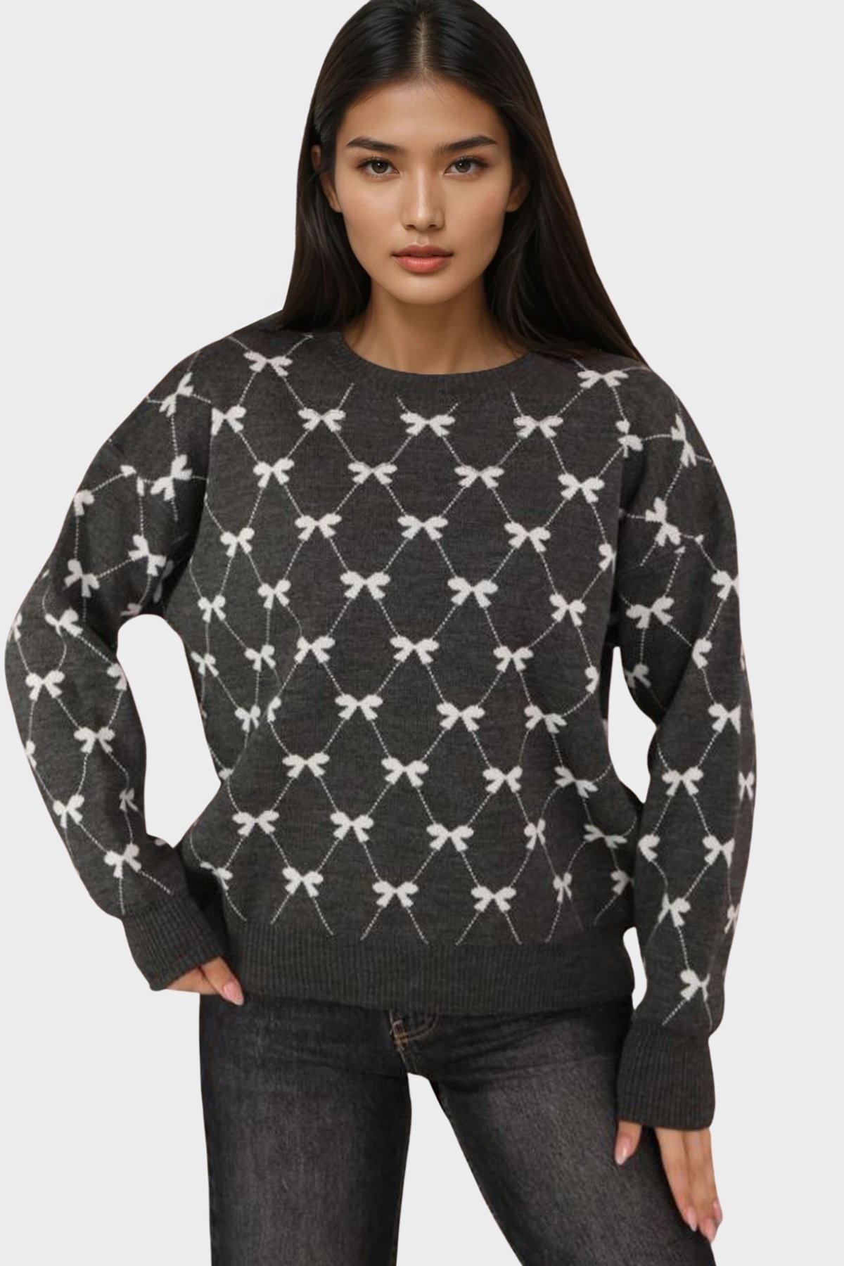 Kadın Antrasit Bisiklet Yaka Kurdale Desenli Triko Kazak Alc-X14822