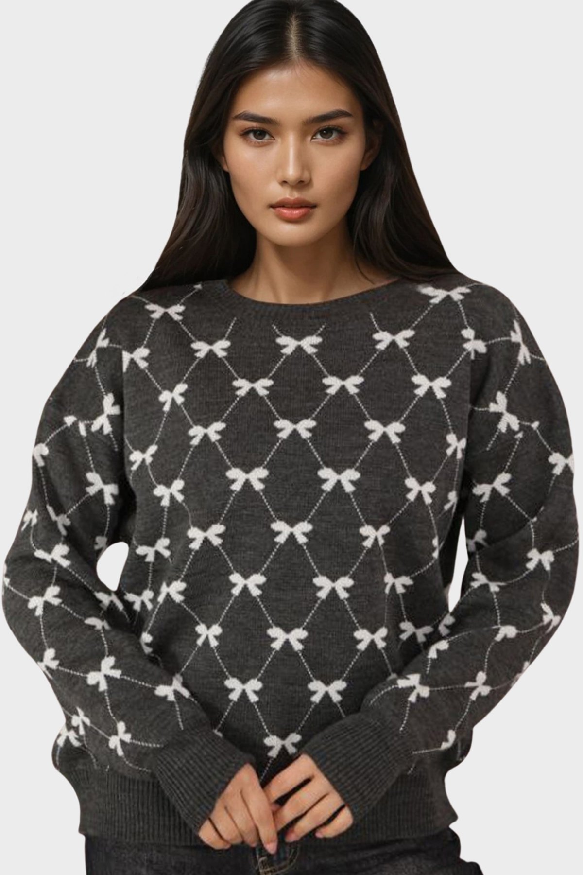 Kadın Antrasit Bisiklet Yaka Kurdale Desenli Triko Kazak Alc-X14822