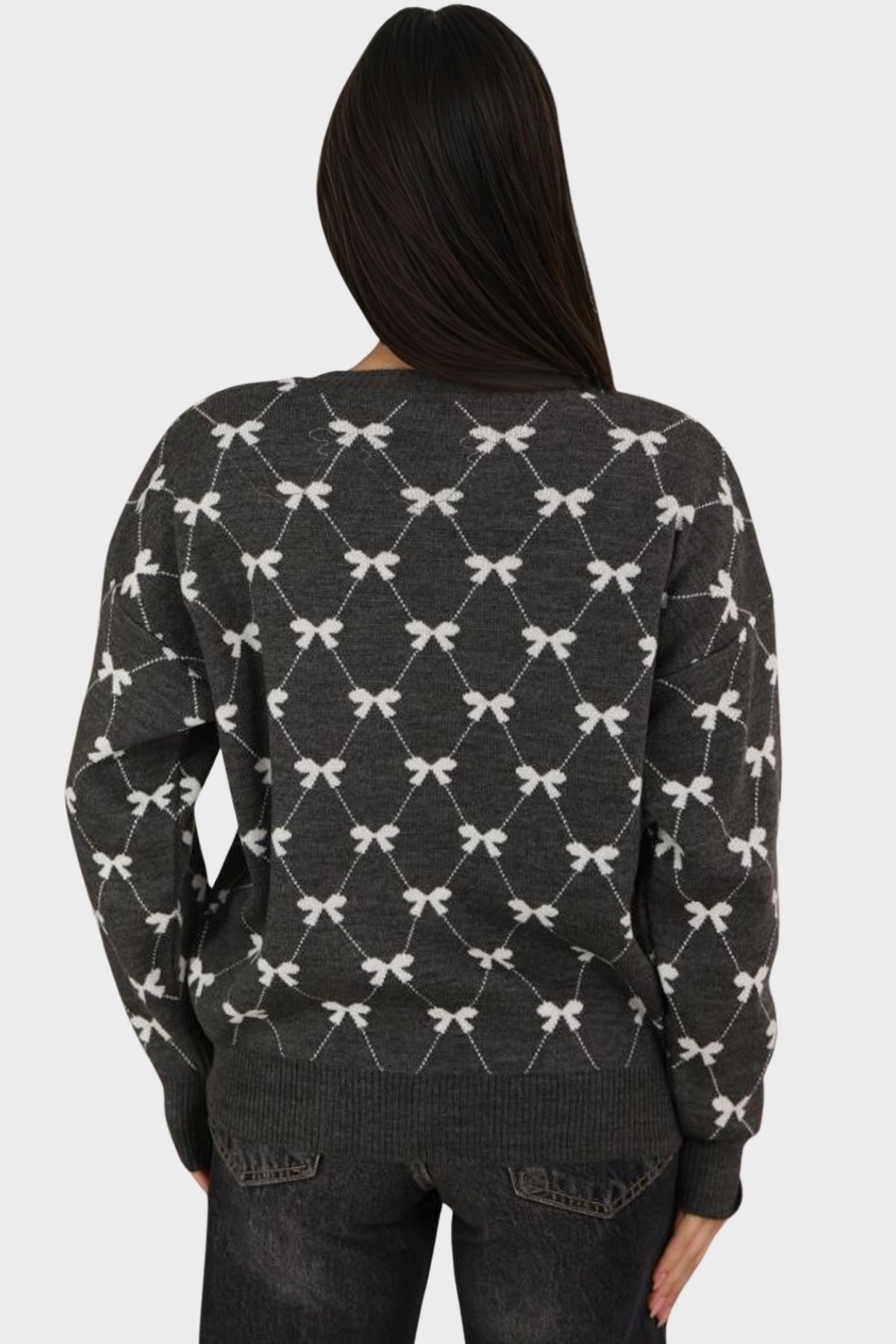 Kadın Antrasit Bisiklet Yaka Kurdale Desenli Triko Kazak Alc-X14822