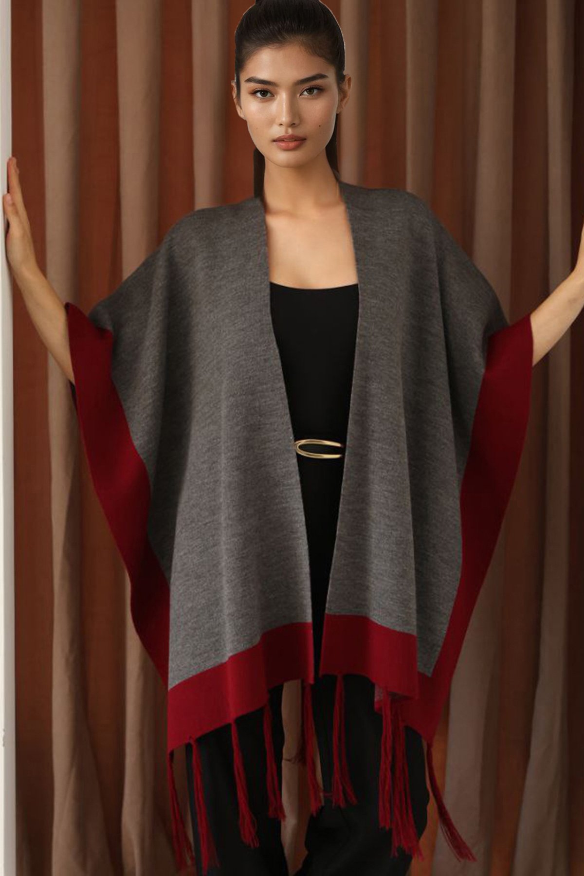 Kadın Antrasit Kontrast Şeritli Püsküllü Panço Alc-X14746