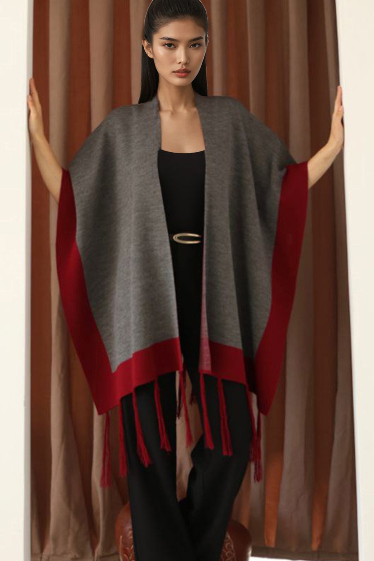 Kadın Antrasit Kontrast Şeritli Püsküllü Panço Alc-X14746