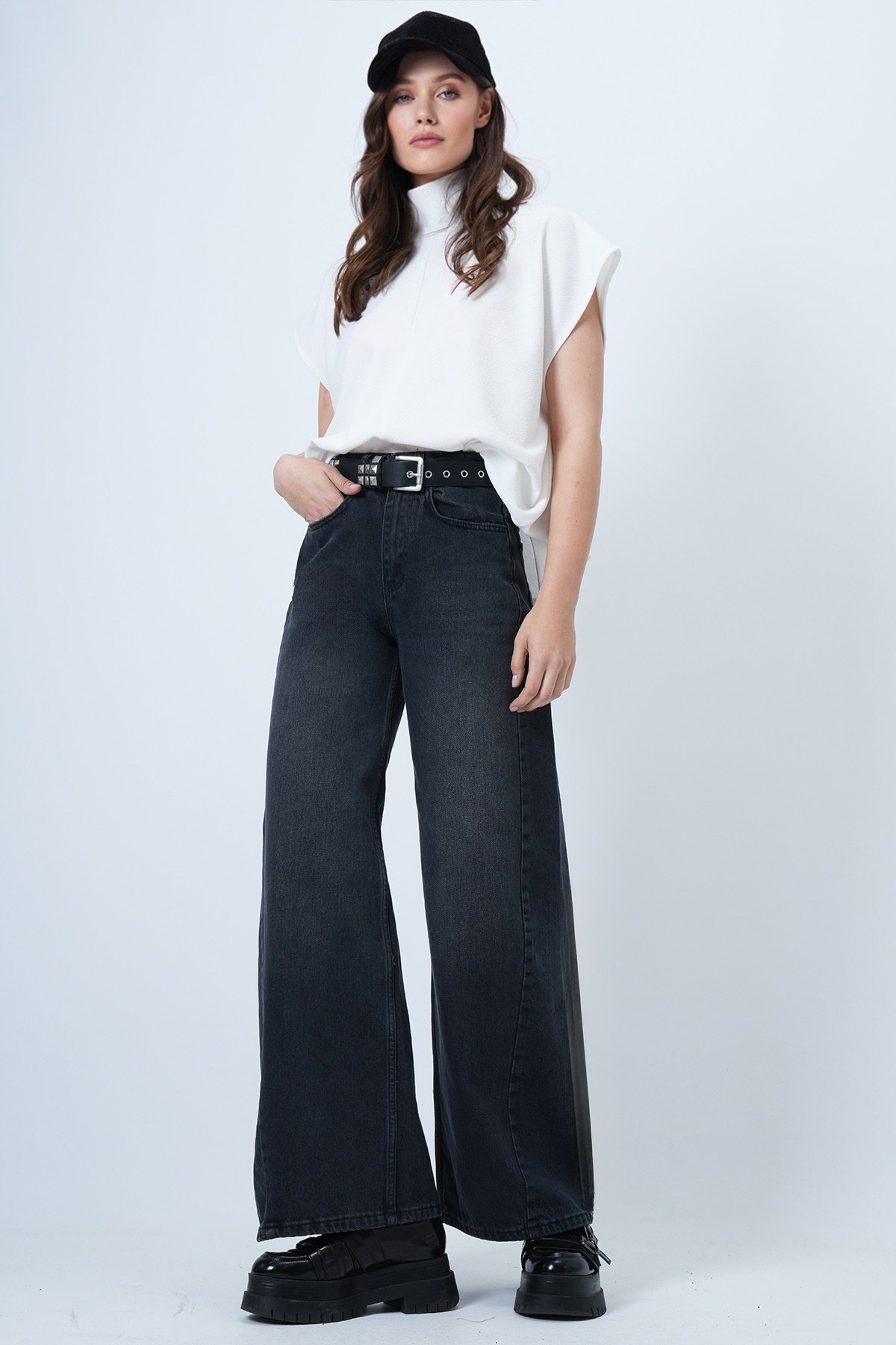 Kadın ANTRASİT Yüksek Bel 5 Cepli Baggy Jean VS01450