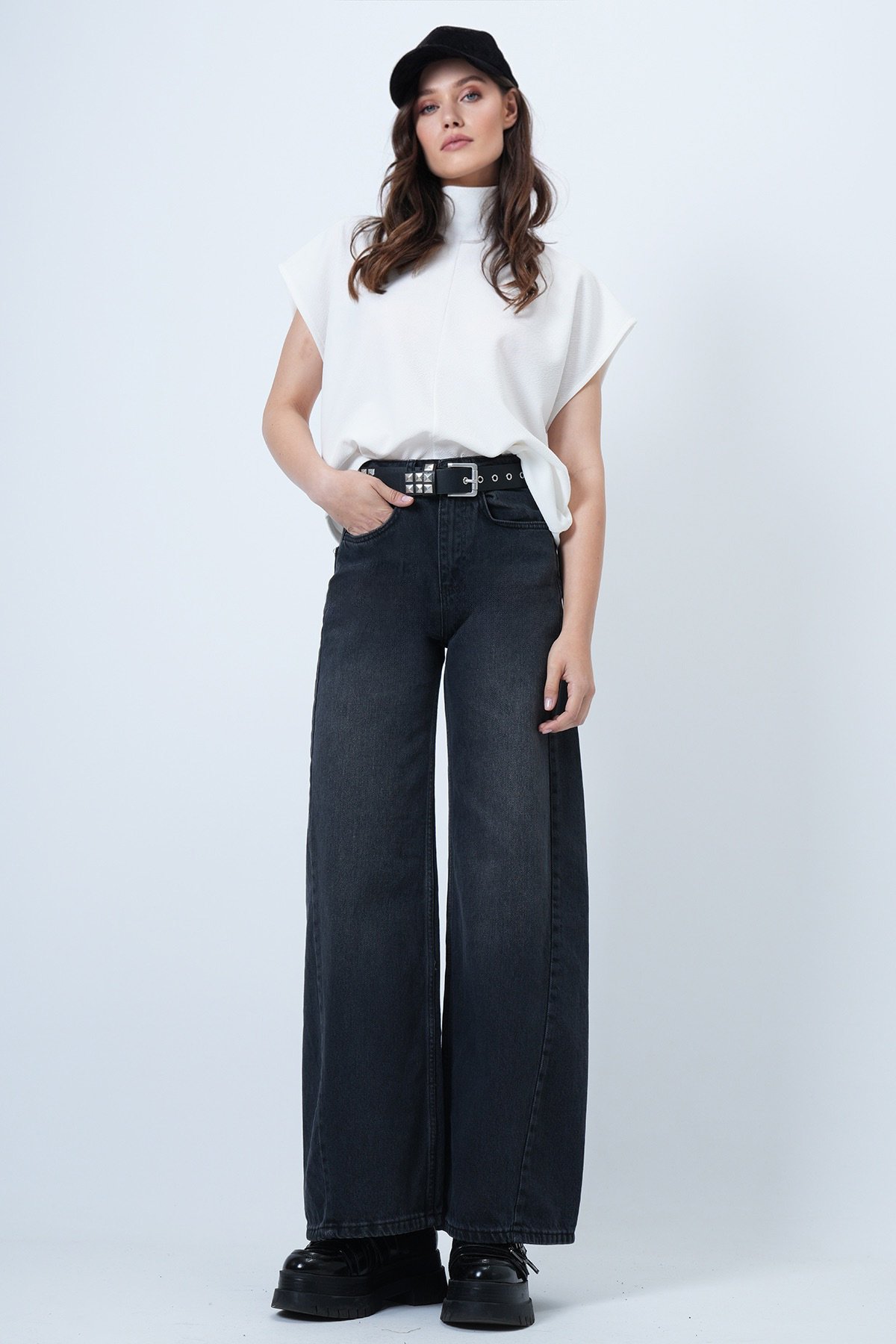 Kadın ANTRASİT Yüksek Bel 5 Cepli Baggy Jean VS01450