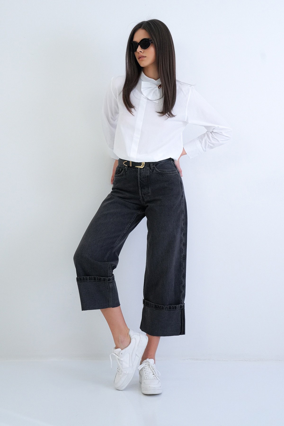 Kadın Antrasit Yüksek Bel Likralı Jean Palazzo Pantolon Alc-X15290