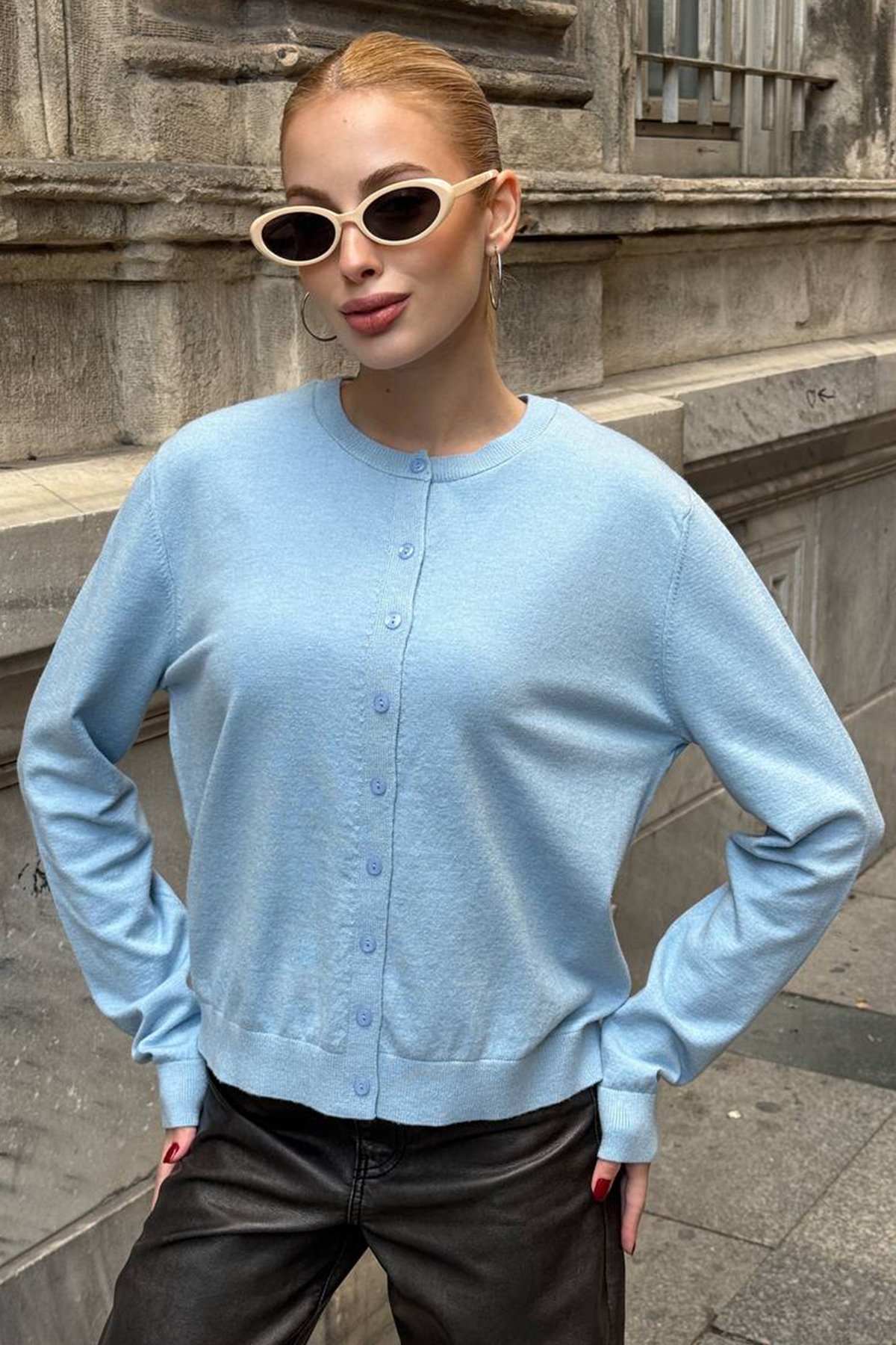 Kadın BEBE MAVİ Bisiklet Yaka Düğmeli Triko Hırka VS01640