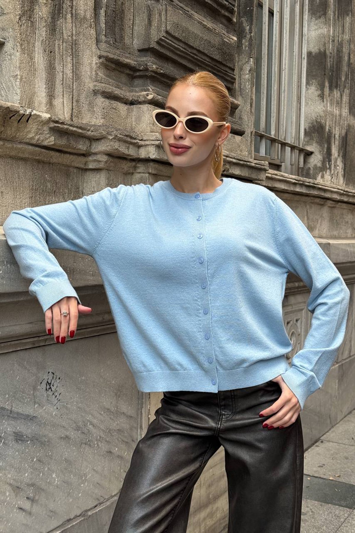 Kadın BEBE MAVİ Bisiklet Yaka Düğmeli Triko Hırka VS01640