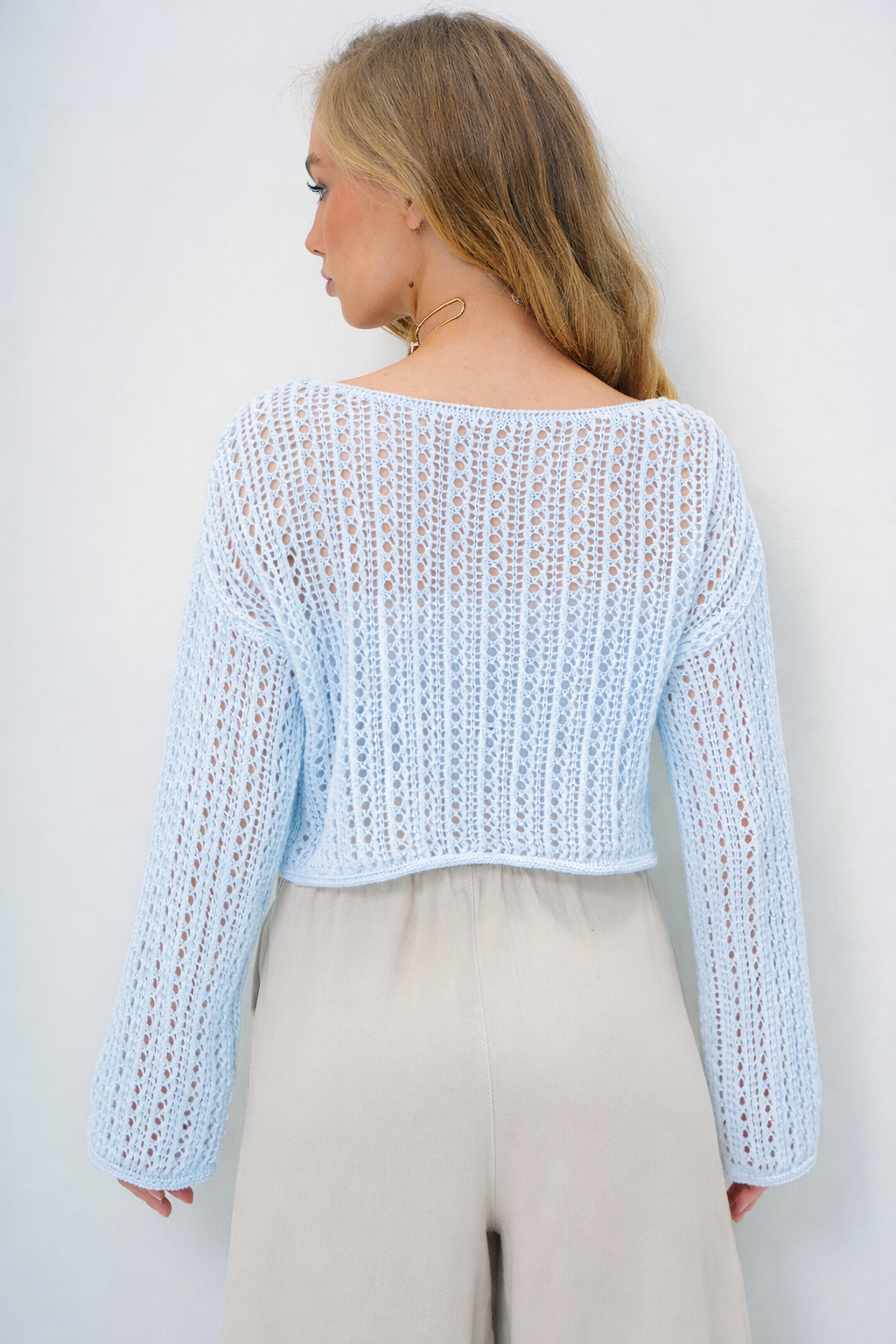 Kadın Bebe Mavi Kayık Yaka Delik Ajurlu Triko Yazlık Kazak Alc-X13999