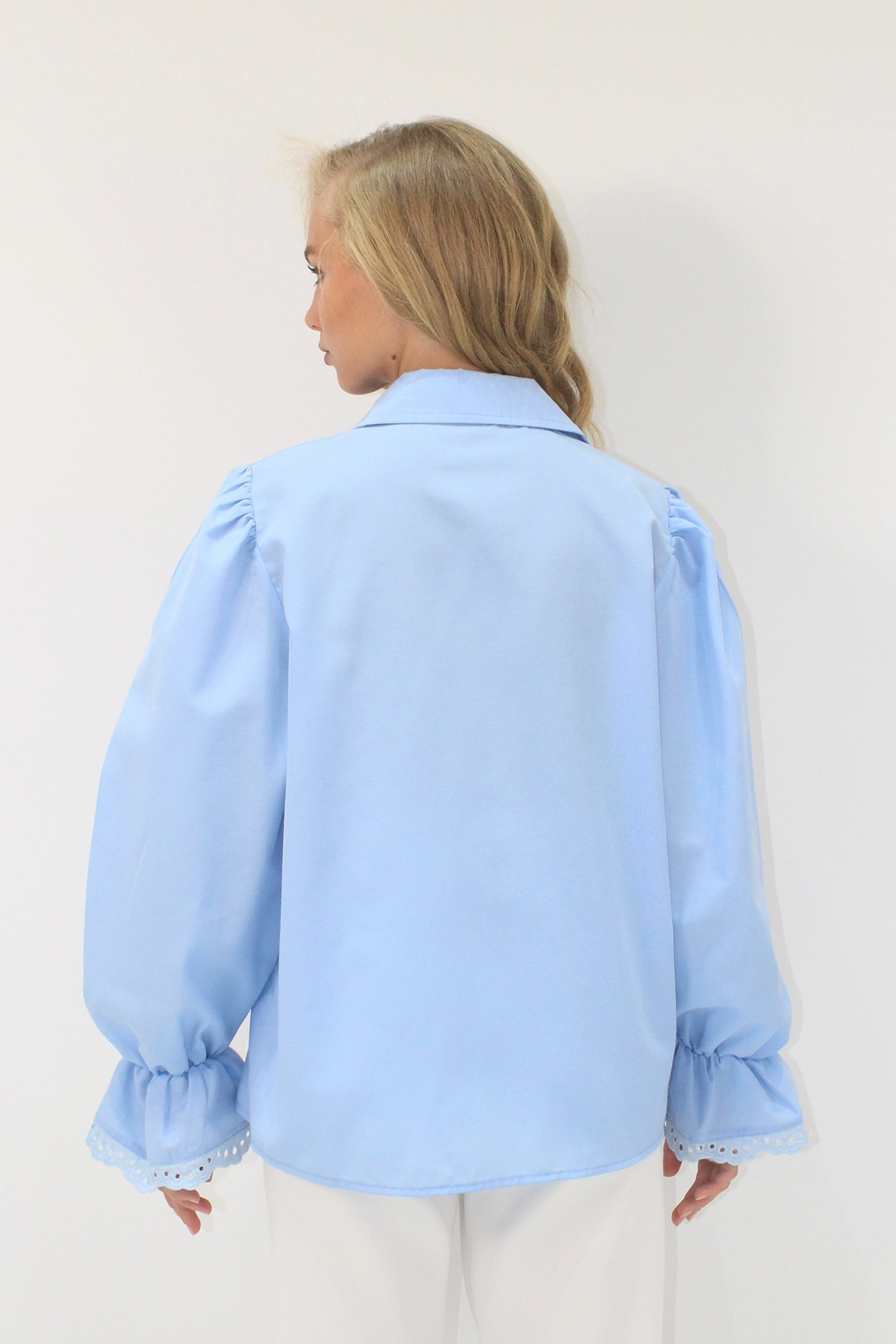 Kadın Bebe Mavi Prenses Kol Güpür Nakışlı Dokuma Gömlek Alc-X7829