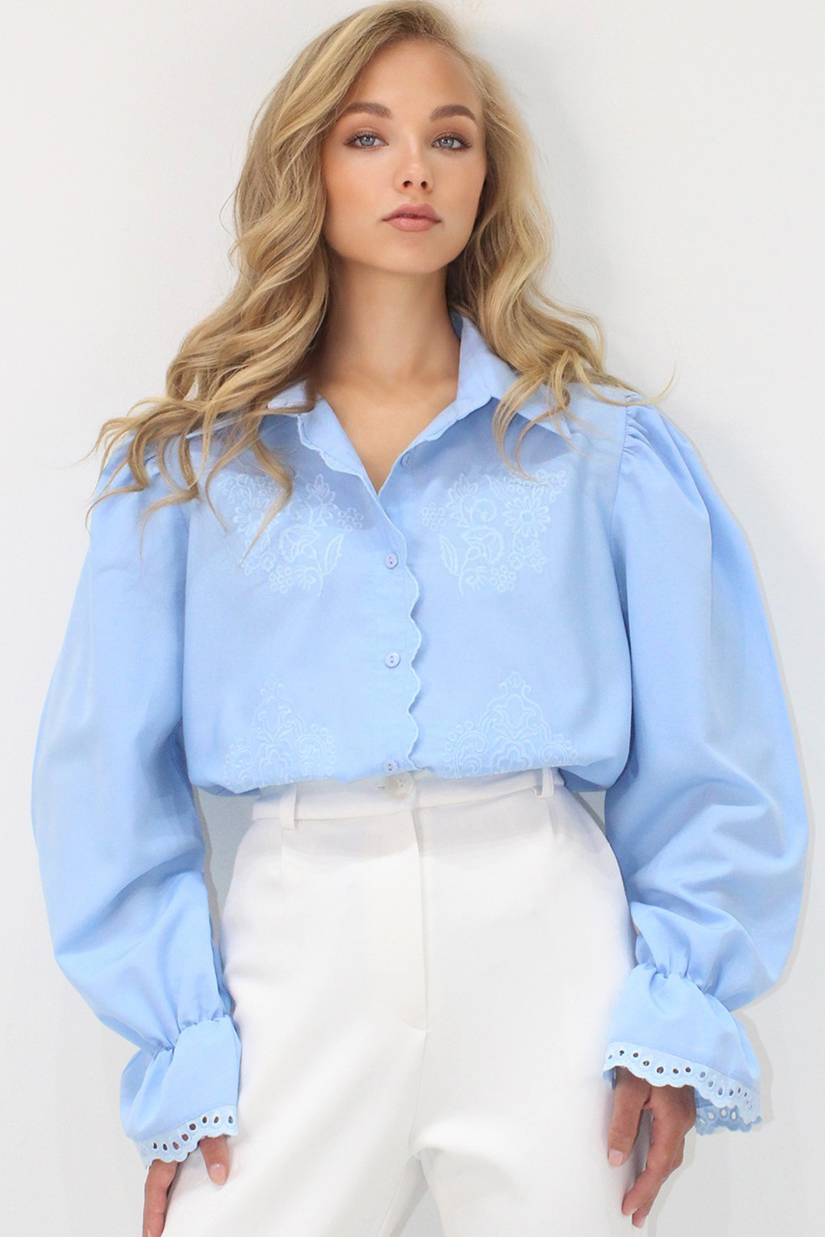 Kadın Bebe Mavi Prenses Kol Güpür Nakışlı Dokuma Gömlek Alc-X7829