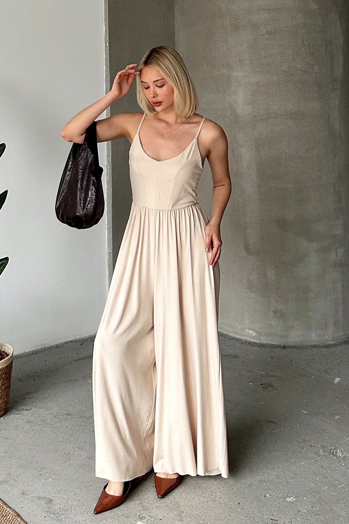 Kadın BEJ AyarlanabilirAskılı Tulum PRM0884