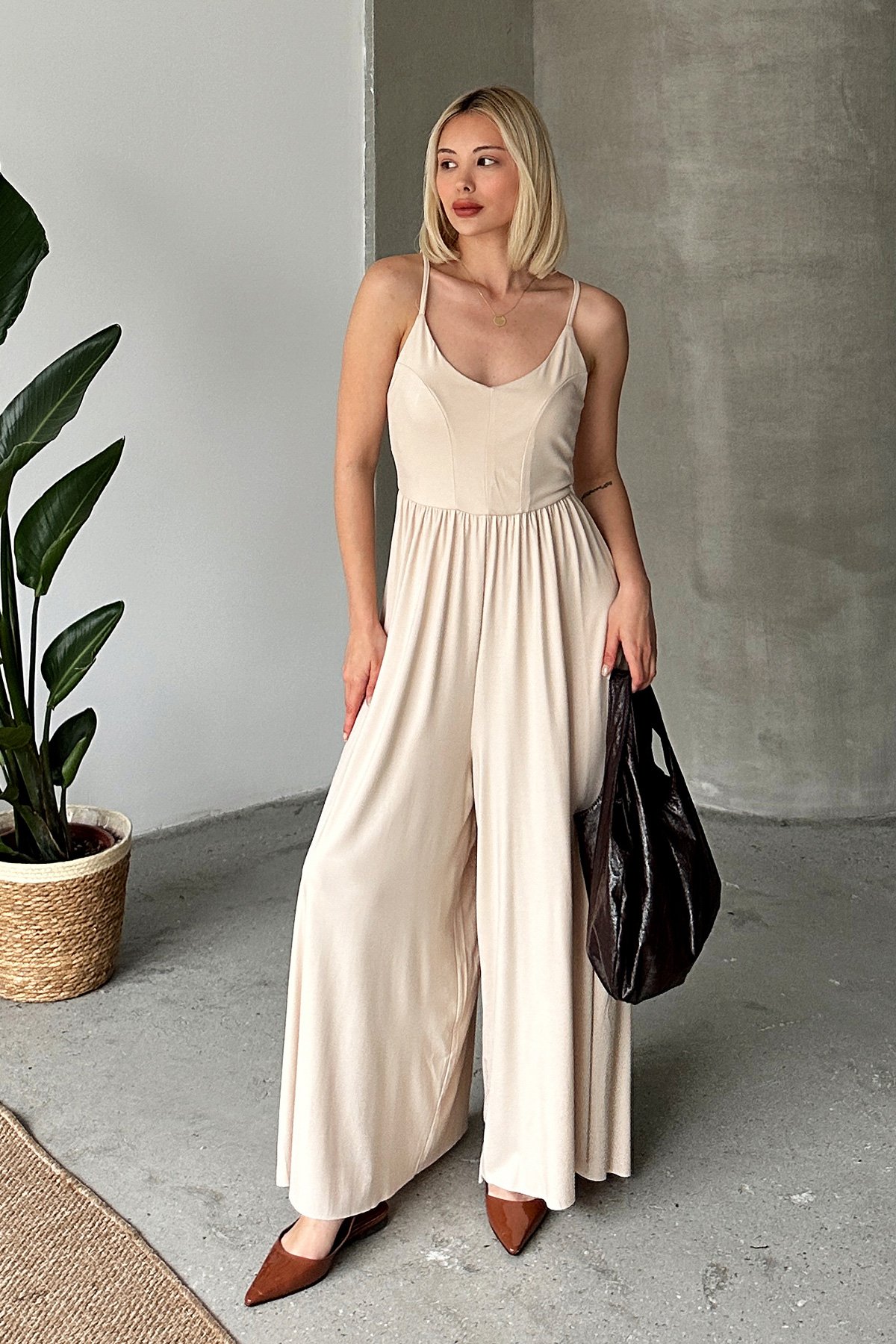 Kadın BEJ AyarlanabilirAskılı Tulum PRM0884