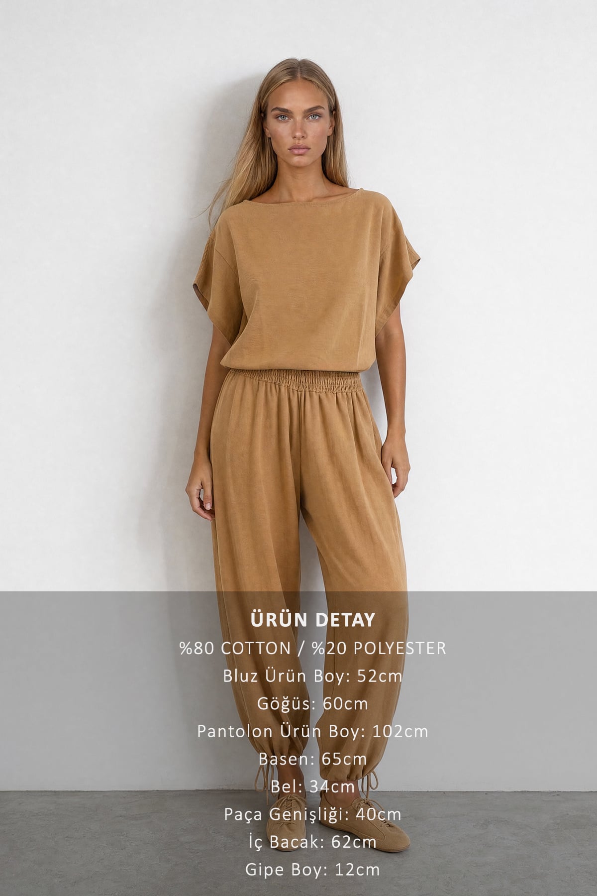 Kadın BEJ BELİ GİPELİ PAÇASI BAĞCIK DETAYLI PANTOLON VE BLUZ DOKUMA TAKIM ALC-X15567