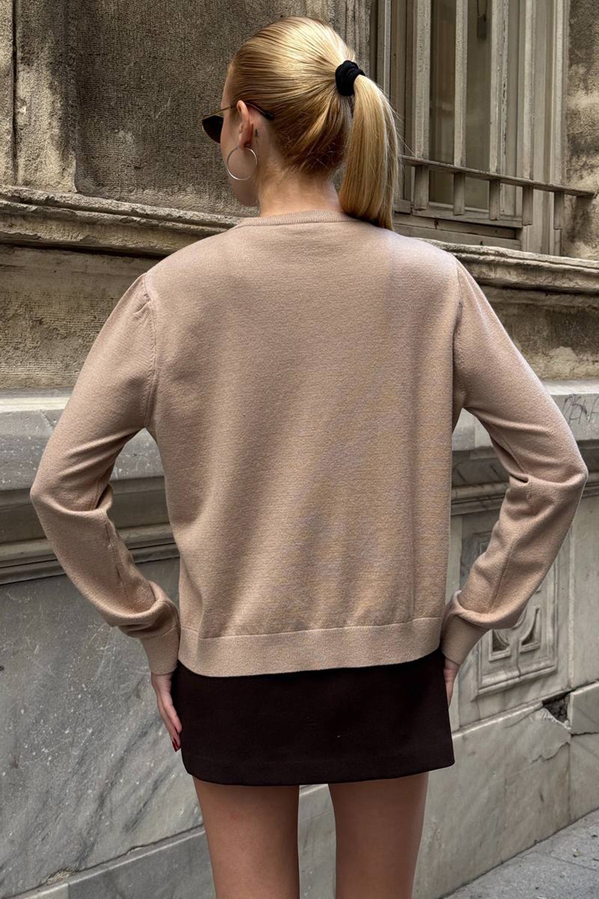 Kadın BEJ Bisiklet Yaka Düğmeli Triko Hırka VS01640