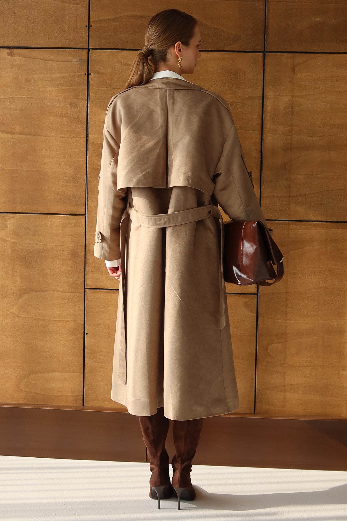 Kadın BEJ Düğme Kapamalı Kuşaklı Trençkot VS01431