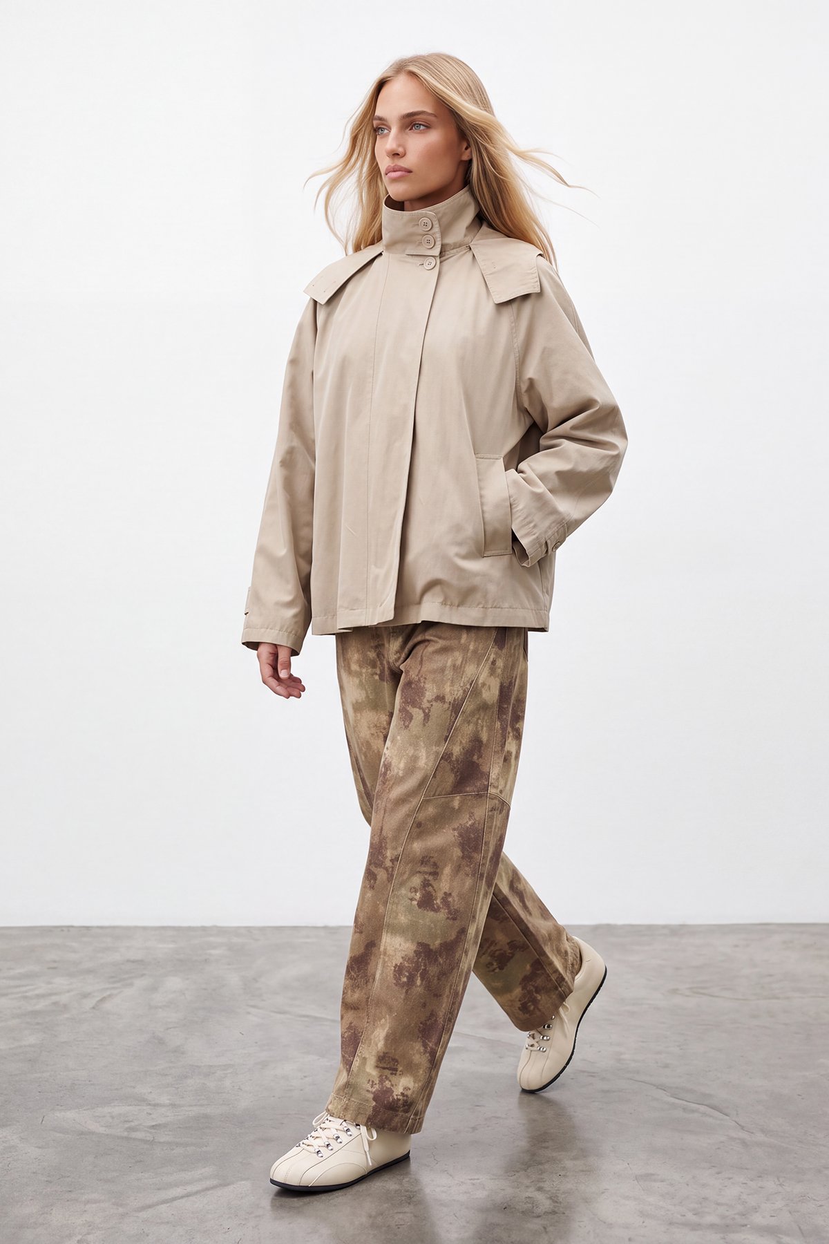 Kadın BEJ Kapişonlu Gizli Patlı Oversize Trençkot ALC-X15637