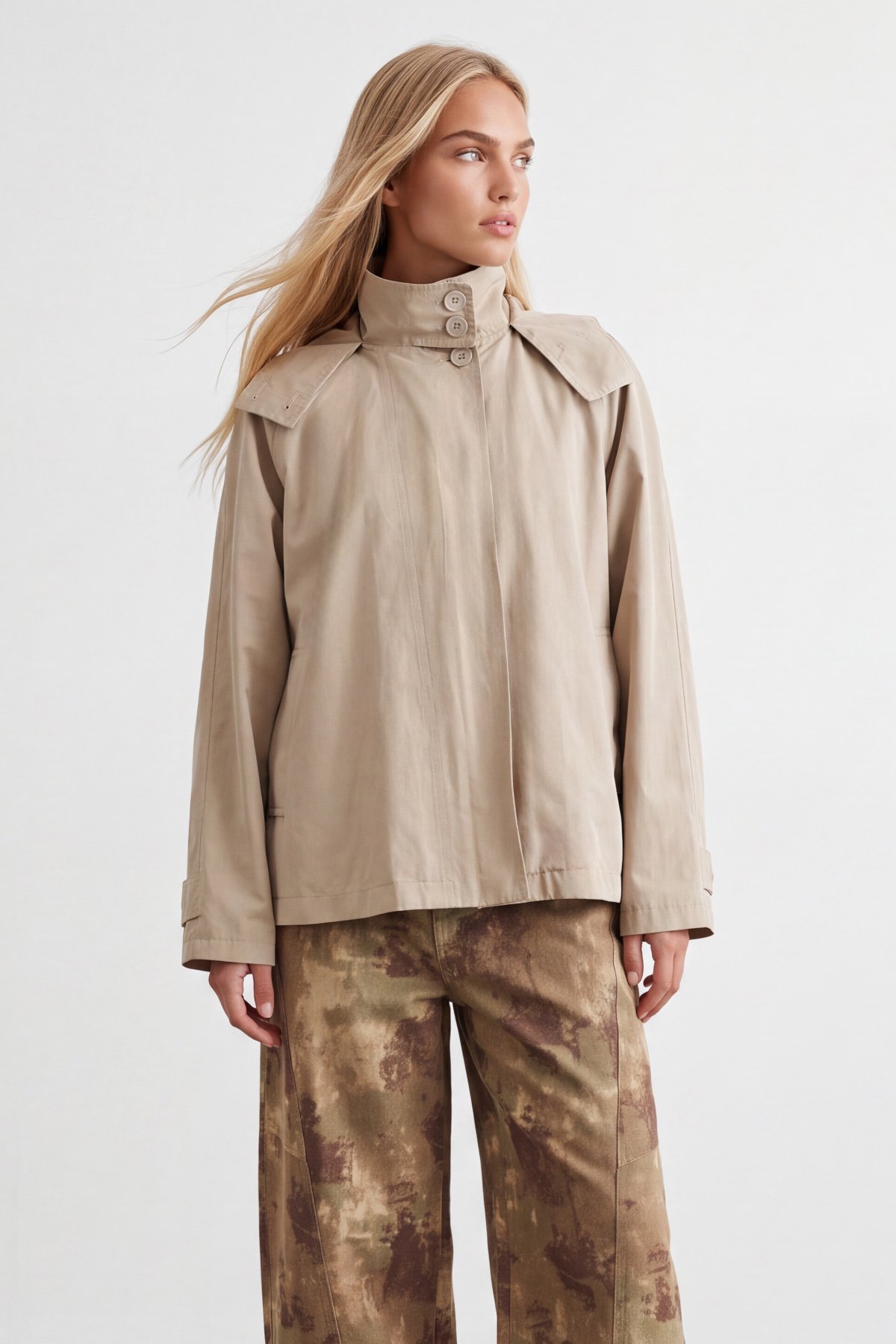 Kadın BEJ Kapişonlu Gizli Patlı Oversize Trençkot ALC-X15637