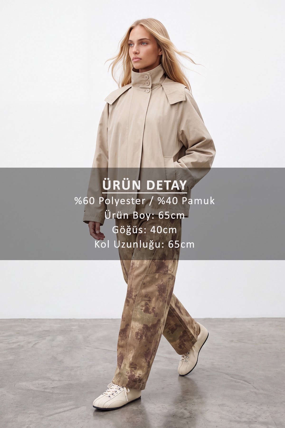 Kadın Bej Kapişonlu Gizli Patlı Oversize Trençkot Alc-X15637
