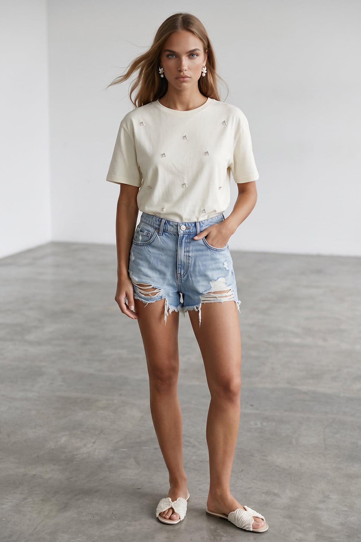 Kadın Beyaz Bisiklet Yaka Oversize İnci Ve Taş İşlemeli T-Shirt ALC-X11964