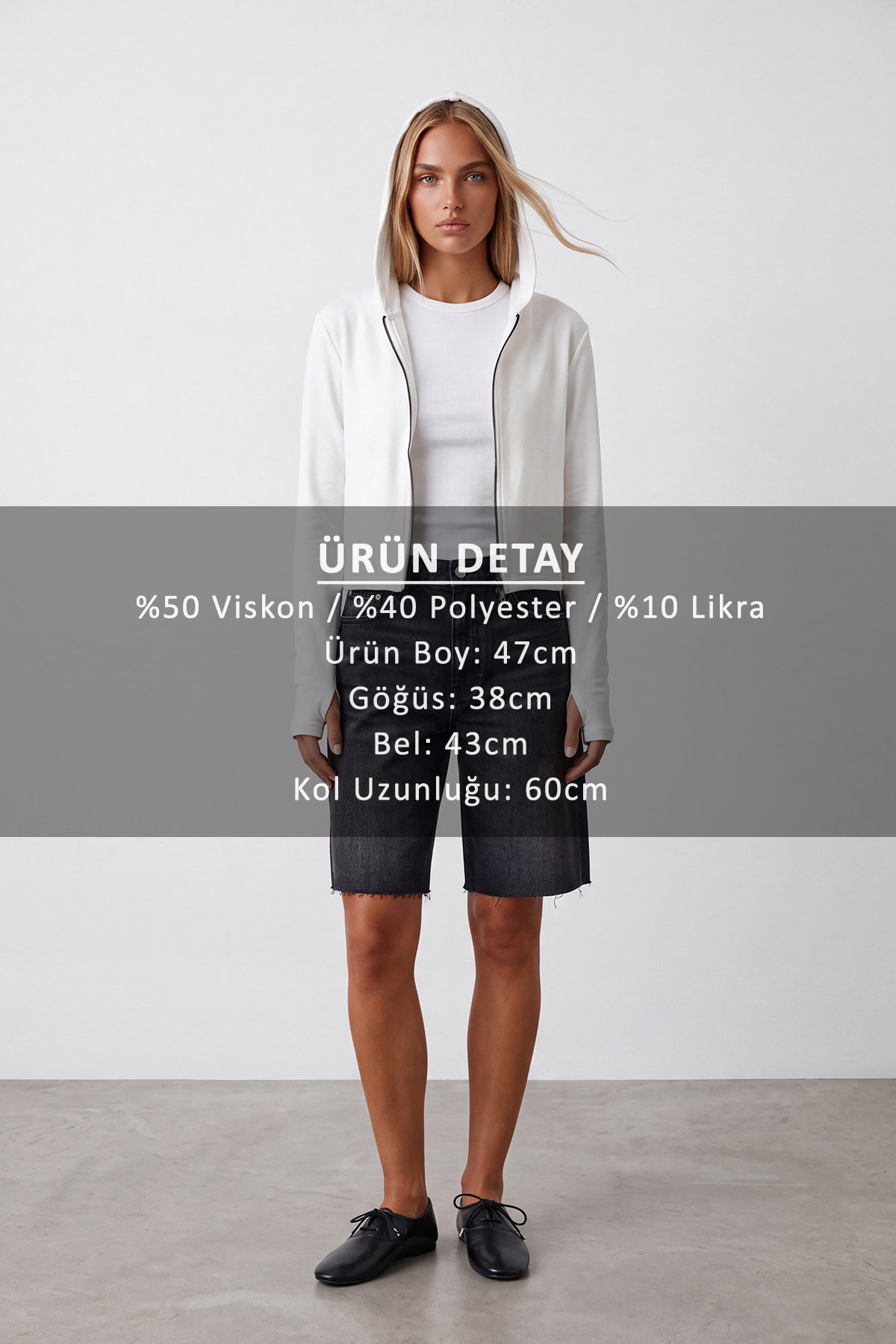 Kadın Beyaz Çift Cepli Parmak Geçmeli Fermuarlı Kapüşonlu Modal Sweatshirt Alc-X15730
