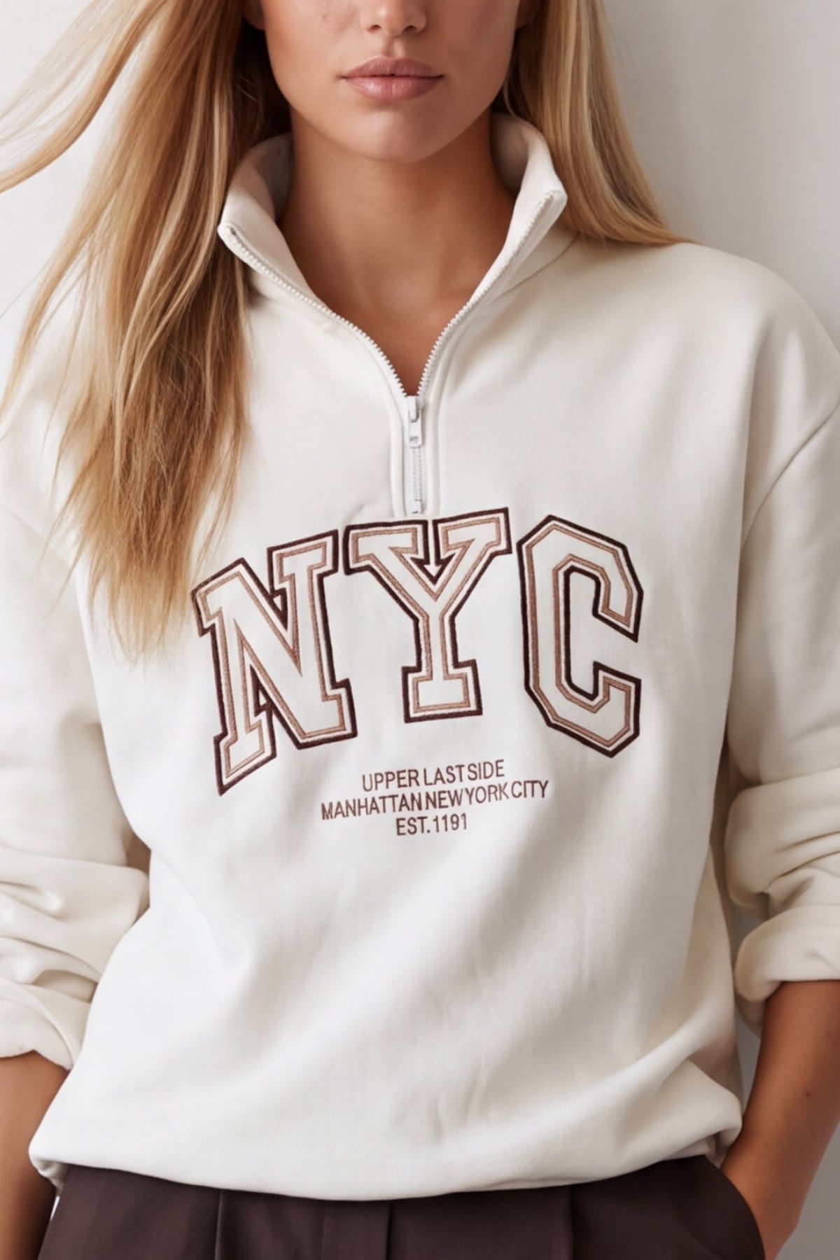 Kadın Beyaz Dik Yaka Fermuarlı 3 İplik İçi Şardonlu Ve Nakışlı Sweatshirt Alc-X15725