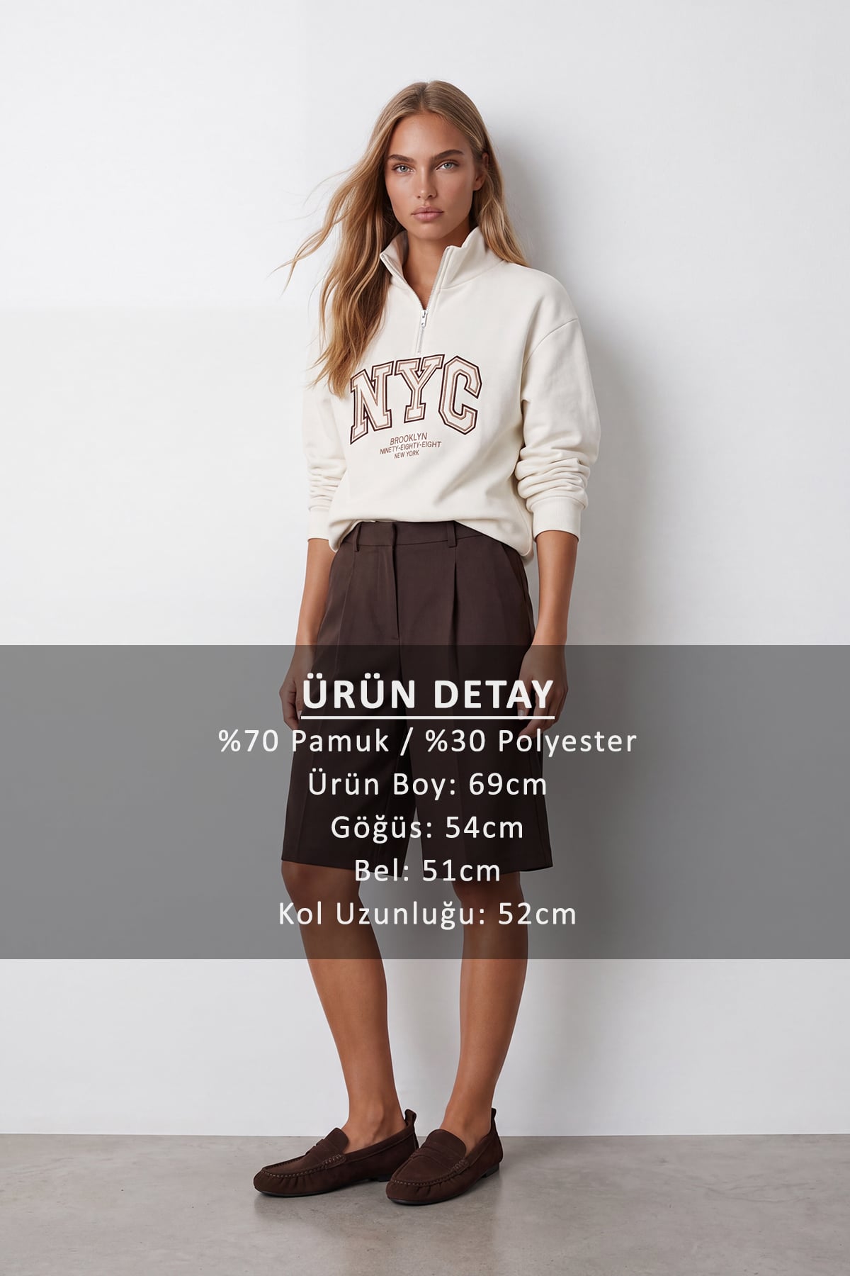 Kadın Beyaz Dik Yaka Fermuarlı 3 İplik İçi Şardonlu Ve Nakışlı Sweatshirt Alc-X15725