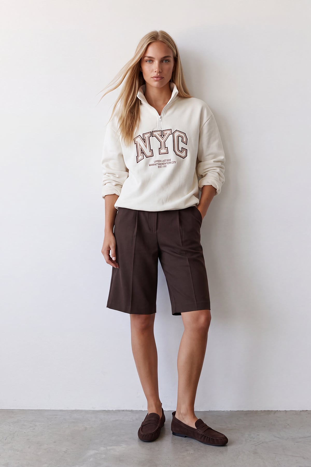 Kadın Beyaz Dik Yaka Fermuarlı 3 İplik İçi Şardonlu Ve Nakışlı Sweatshirt Alc-X15725