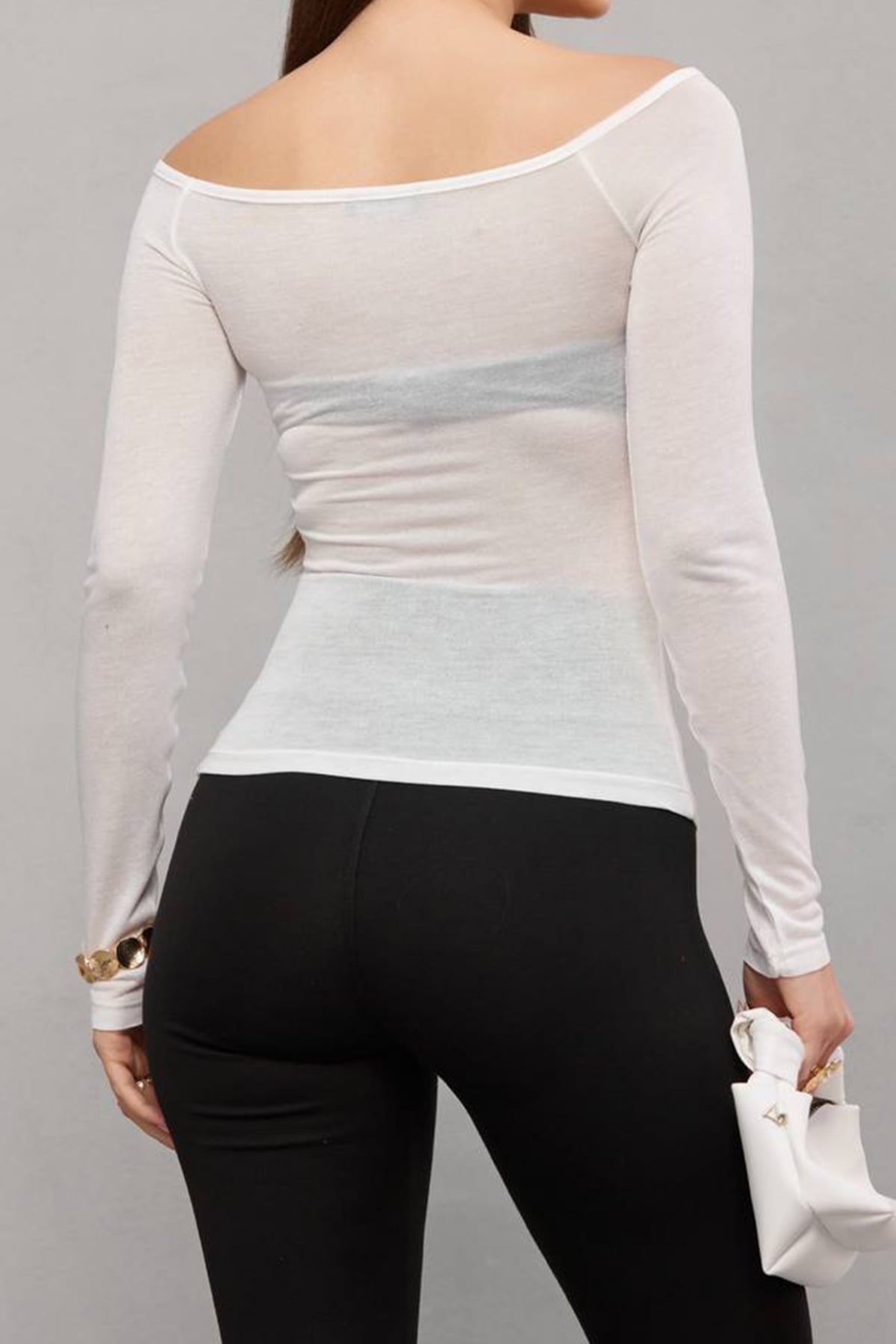Kadın Beyaz Kayık Yaka Drape Detaylı Transparan  Bluz Alc-X14882