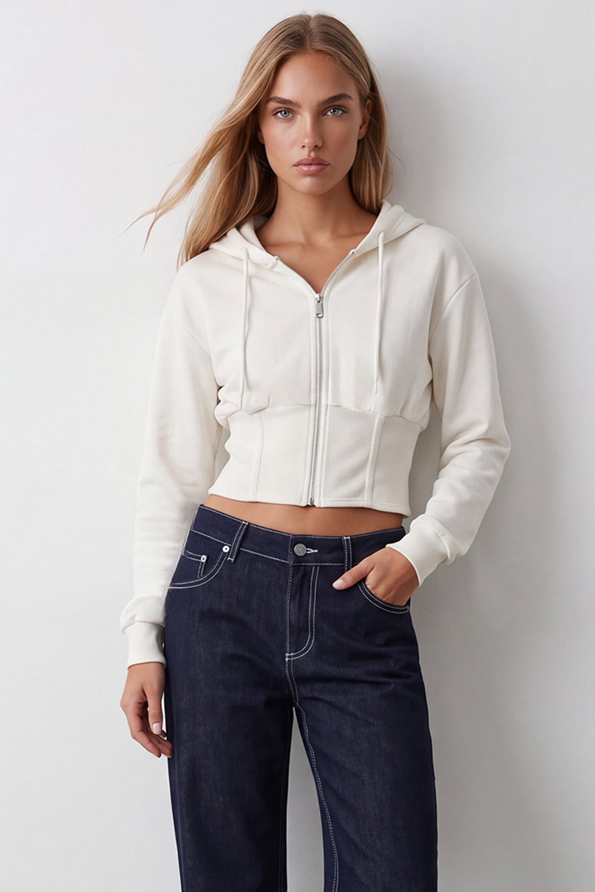 Kadın BEYAZ Korseli Kapişonlu Sweatshırt ALC-X15622