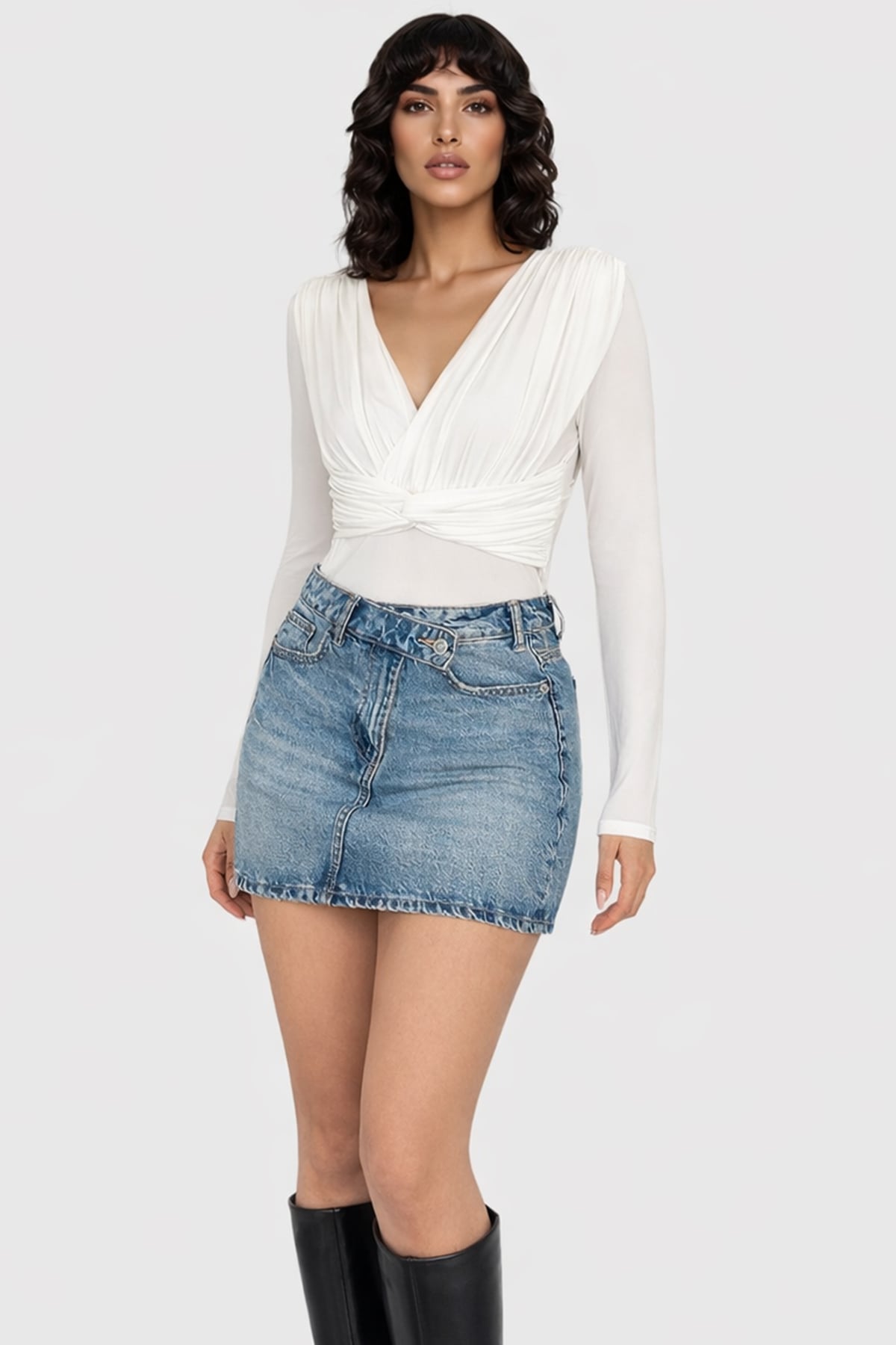 Kadın Beyaz Ön Arka V Yaka Drape Ve Burgu Detaylı Sandy Bluz Alc-X14966